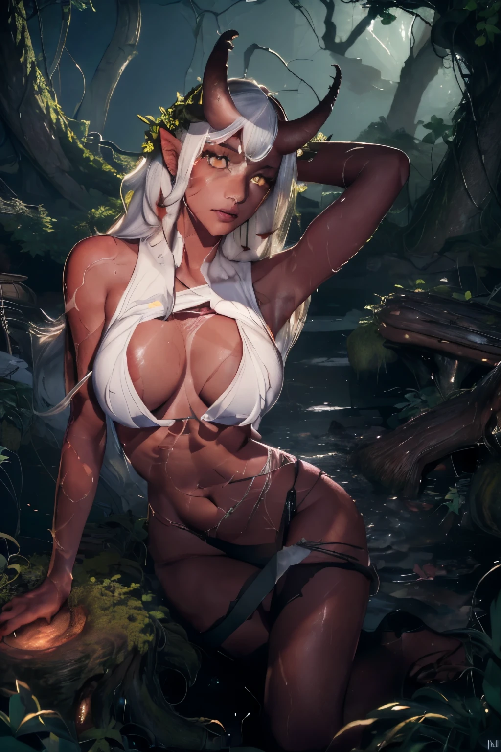 (((red-skinned girl))),((long white hair, yellow eyes,sexy clothes,big breasts,red horns)),vivid colors,fantasy style,dramatic lighting,(best quality,4k,8k,highres,masterpiece:1.2),ultra-detailed,(realistic:1.1),(HDR:1.1),(portraits:1.1) cute girl,cinematic still 3D CGI octane rendering of an elemental ent creature made entirely of foliage flora green vines moss and tree roots with a look of concern in a magical swamp ruins, elemental, ent, vines, roots, glowing eyes, close up, eldritch, old (man:0.5), shiny intricate details, sharp, 3D rendering, cinematic lighting, unreal engine, blender