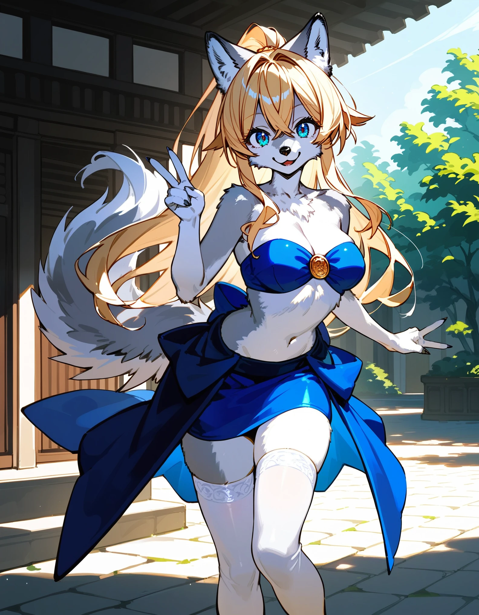 Solo, score_9,score_8_up, score_7_up, an Anthro furry wolf girl, kemono style, silver furry body, tall, hourglass figure, silver wolf tail, golden blonde hair, hair in a ponytail, fancy bangs, beautiful opalescent blue eyes, black nose, wearing blue bandeau, blue skirt, white thigh high socks, holding up two peace signs with her hands, standing, big smile, sparkling blue eyes, simple outdoors campus background