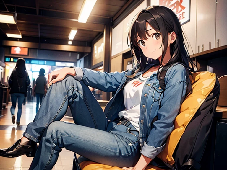 shiho Nishizumi,Blue jean jacket,Jeans pants,Semi-long hair,Ashime Hair,Brown Hair,Black Eyes,Big Breasts,Smiling expression,From the side,Cinema interior,Sitting on a chair,Dark indoors,Place the shopping bag on your right knee,At least one backpack, Beautiful image quality,slightly muscular,
