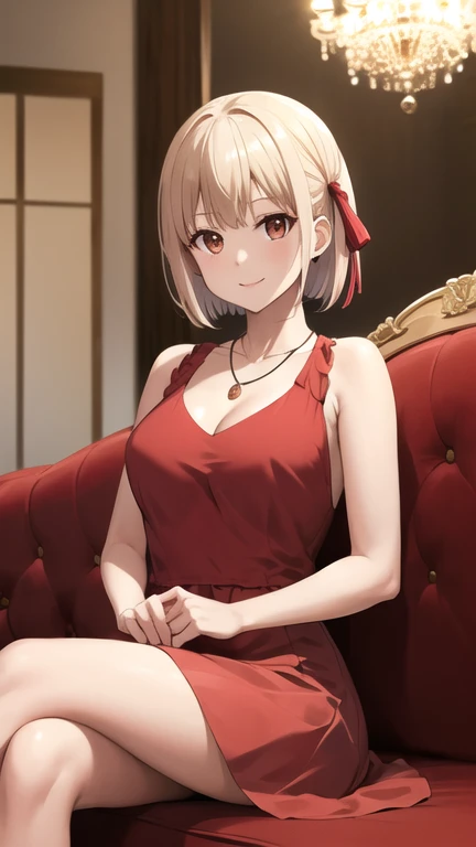 masterpiece, best quality, highres, Nishikigi Chisato, short hair, hair ribbon, medium breasts, collar, necklace, jewelry, halterneck, cleavage, red dress, sleeveless dress, indoors, chandelier, sitting, sofa, crossed legs, smile