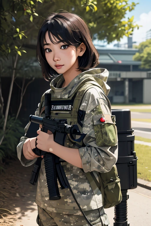 survival game、Camouflage、survival gameのフィールド、A beautiful girl is holding a rifle、head to waste、