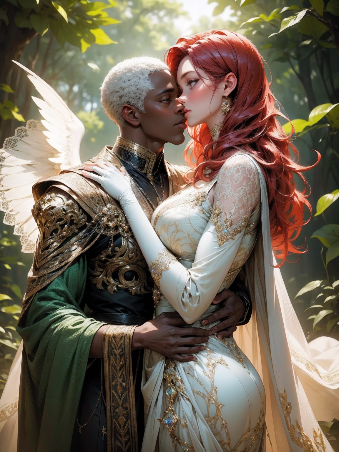 {-erro_de_anatomia:1.0} (best quality,4k,8k,highres,masterpiece:1.2), ultra-detailed, (realistic,photorealistic,photo-realistic:1.37), mature milf, illyasviel von einzbern, red hair, upper body, vibrant colors, glowing skin, mesmerizing eyes, brown eyes, elegant pose, enchanting background, delicate lace dress, green dress, surreal lighting, ethereal atmosphere, mystical aura, intricate details, artistic medium, digital illustration, fantasy, anime, walking on nature, kissing a beautiful black man (black skin)