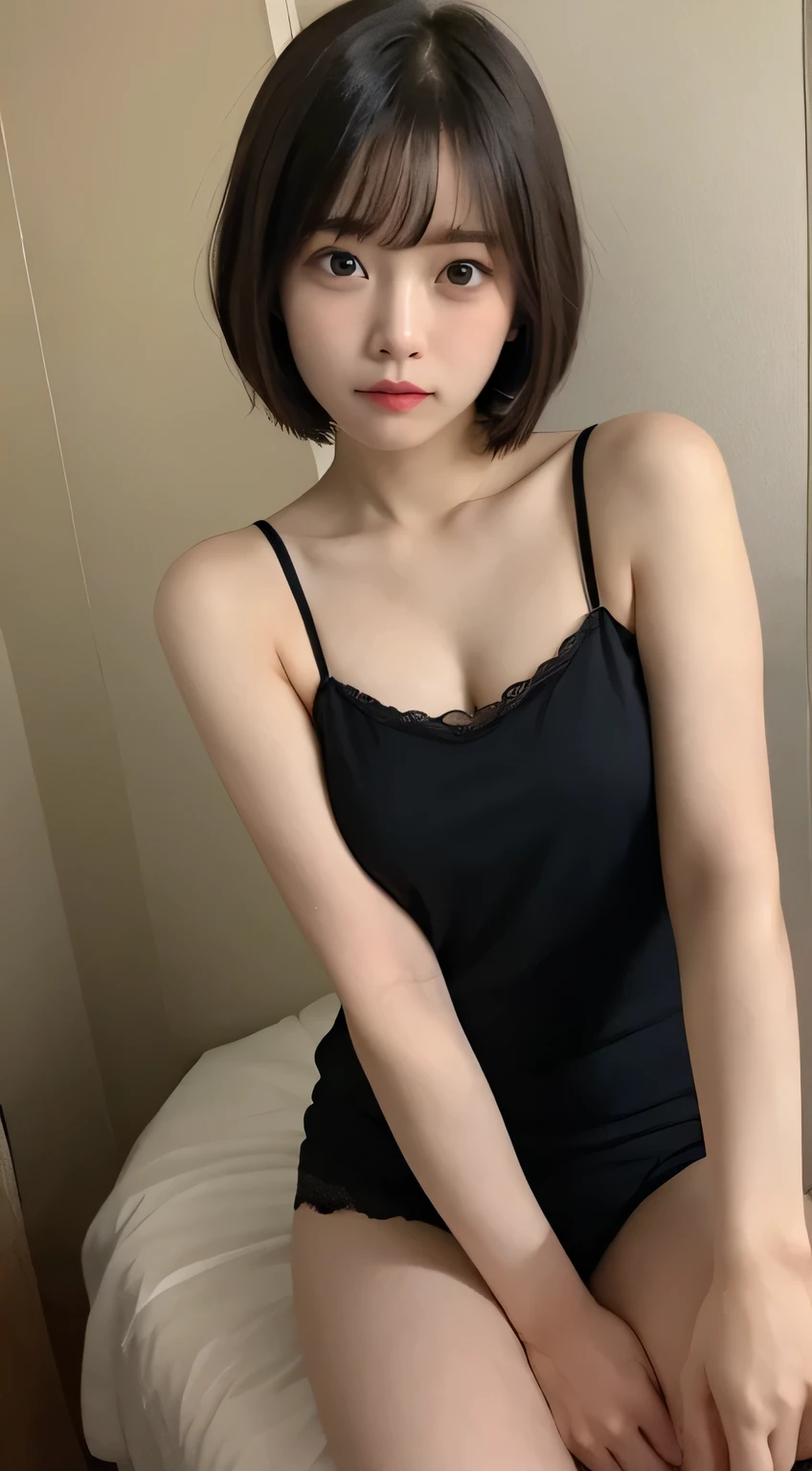 sexy camisole、Dark Room、bed、Embarrassed face、Short hair with bangs