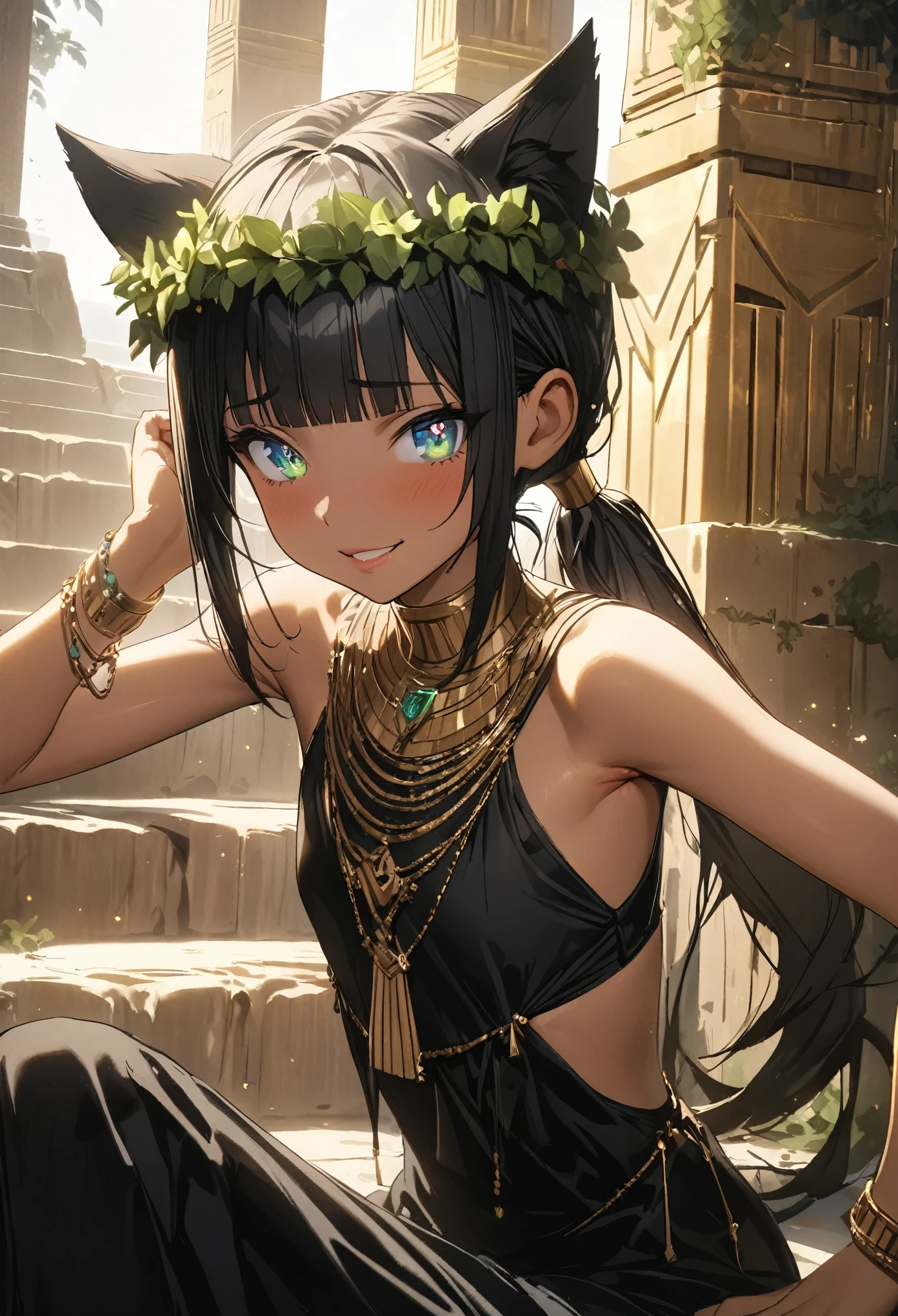 ((Masterpiece)), (Anime:1.3), ((best quality)), (super detail:1.2), (High Definition:1.3), (Professional Photography:1.2), (sharp focus), (perfect light), (()), Textured skin, cinematic lighting, Very pretty Egyptian girl, (nervous smile), Egyptian Priest Clothes, (Healthy slim body), emerald colored eyes, (Beautiful diamond eyes:1.5), (put on cat ears), ((loose ponytail)), black hair, (loose blunt bangs),((glossy lips)), (head wreath), light particles, Slender body, dark skin, (Healthy skin), (Fine gemstone bracelets), eyeliner, emo, (perfect hands), BREAK, ((best quality)), (super detail:1.2), Beautiful armpit, (sitting on the stairs), outside the Egyptian Temple, (ancient ruined overgrown),