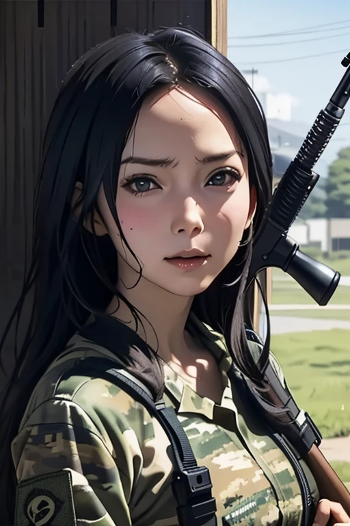 survival game、Camouflage、survival gameのフィールド、A beautiful girl is holding a rifle、head to waste、