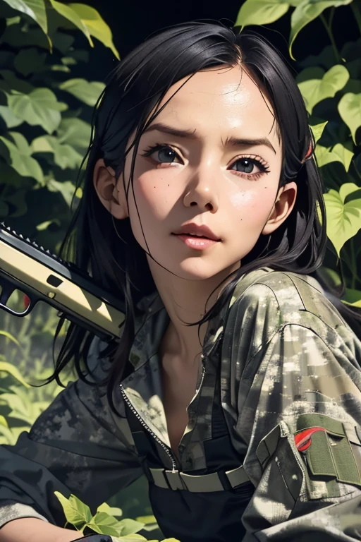 survival game、Camouflage、survival gameのフィールド、A beautiful girl is holding a rifle、head to waste、