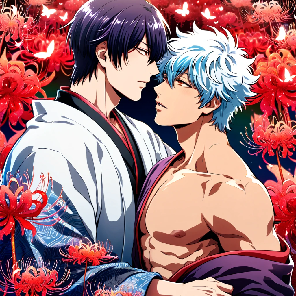 absurdres, highres, ultra detailed, HDR, master piece, best quality, Takasugi Shinsuke, dark purple hair, hair over the left eye, expressive brown eyes, Gintama, Sakata Gintoki, white hair, expressive red eyes, two men together, gay couple, yaoi, handsome, toned chest, white kimono, purple kimono, patterns, magical, fantasy, red spider lilies, shining, red petals, red sparkling butterflies, red water