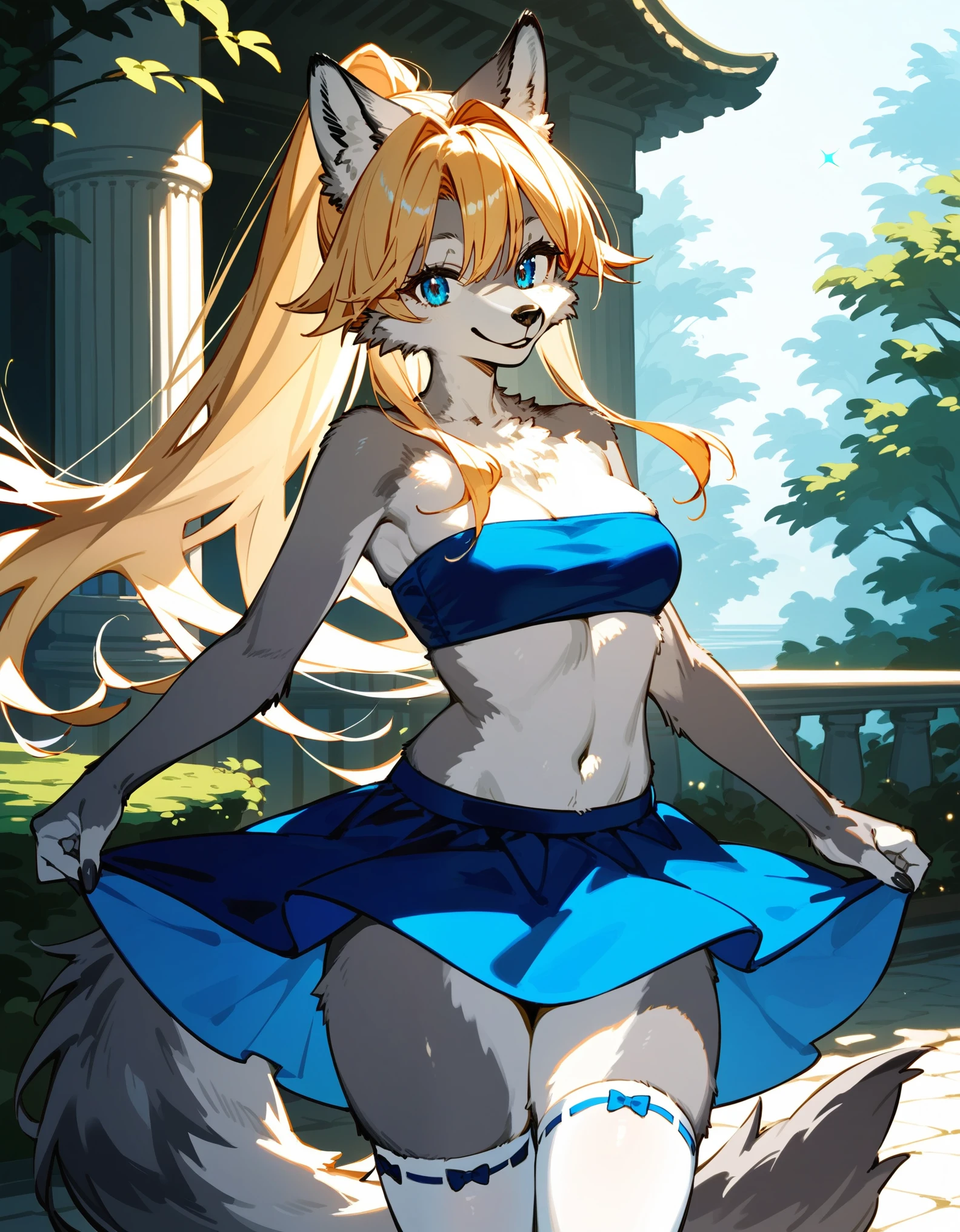 Solo, score_9,score_8_up, score_7_up, an Anthro furry wolf girl, kemono style, grey furry body, tall, hourglass figure, grey wolf tail, golden blonde hair, hair in a ponytail, fancy bangs, beautiful opalescent blue eyes, black nose, wearing blue bandeau, blue skirt, white thigh high socks, sexy pose, standing, big smile, sparkling blue eyes, simple outdoors campus background