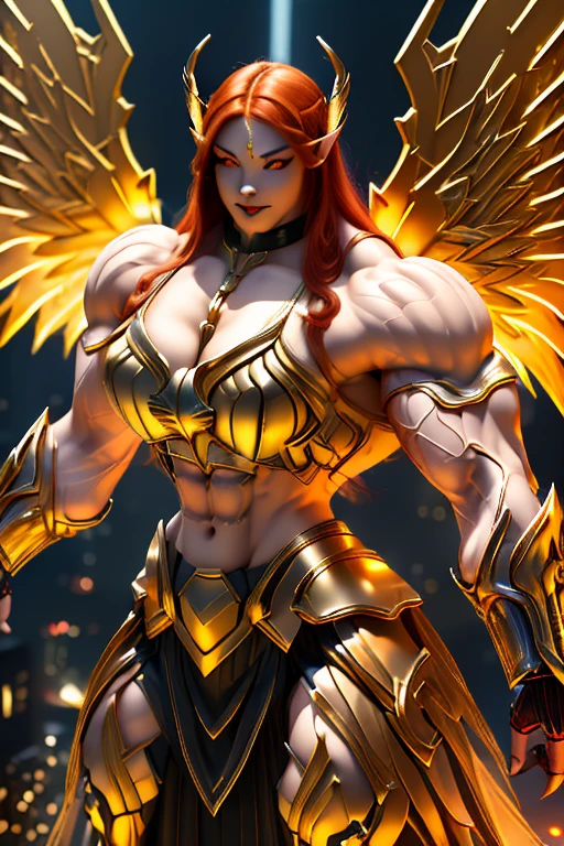 ((((Massive, beautiful, buff, pale white skinned muscular dark angel asian woman with red hair, black lipstick, glowing yellow eyes, huge black angel wings, ginormous bulky muscles and wearing a beautiful black angel futuristic armor with pleated skirt)))), {close view}, massive muscles, massive biceps, hyper muscle shoulders, massive muscle arms, vascular shoulders, hyper muscle triceps, huge angel wings, (long hair), pleated skirt, yellow eyes, choker, angel gauntlets, on top of a dark skyscraper in a burning City, confidant smile, hyper muscles arms, hyper muscle legs, (massive arms).