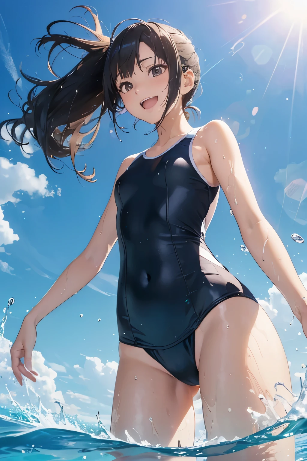 (masutepiece:1.2), (Best Quality:1.2), hyper detailed illustration，beautiful artwork，(Extreme Detail CG Unity 8K wallpaper、​masterpiece、top-quality)、(exquisite lighting and shadow、highly dramatic picture、cinematic lens effects)、Young teenager girl on the beach，swim wears, 1girl in, (School swim wear:1.3), Solo, onepiece swimsuit, Outdoors, Long hair, Wet, breasts, Covered navel, skyporn, Water, Black hair,  Brown eyes, day,  Small breasts, Bangs, Sunlight, Blue one-piece swimsuit，(Wet:1.2)，(Water splash:1.1)，Open mouth，(straggling hair:1.2)， Dramatic Horizon，(sunlight shining)，(The swimsuit is wet:1.1)，(Strong sunshine:1.1)，(Lens Flare:1.2)，(arched body)， Correct hand，Correct fingers，(From Side:1.2)，(Sweat:1.2)，(light Particle:1.2)，(light glow:1.2)，(Bokeh:1.2)，short hair，