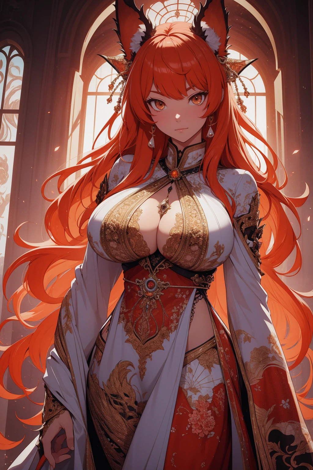REALISTIC VISION 1.4, BETTER VAE,sharp focus, ultra detail, 32k,realistic photo, intricate details, kitsune, orange hair, oranfe eyes, intricate details ,woman, nine tails,intricate details,intricate details,big , Voluptuous body, intricate details, Miko, clothes long white dress with red details intricate details, tattoos intricate details, full body, on flame