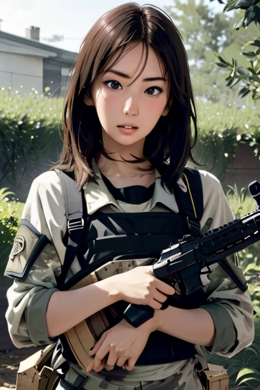 survival game、Camouflage、survival gameのフィールド、A beautiful girl is holding a rifle、head to waste、