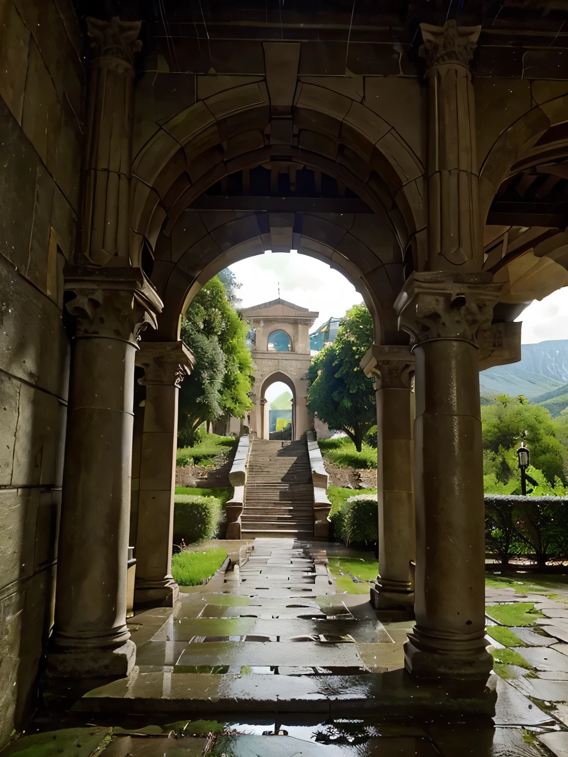 a grand archway with ornate stonework, featuring a series of columns and intricate detailing on the arch's keystone. Below the arch, a cobblestone path leads up to a set of stairs that ascend into the distance, flanked by lush green foliage. In the background there is a valley in the distance with mountains and waterfalls. The weather is cloudy as if it had just rained. The overall scene conveys a sense of tranquility and anticipation for what lies beyond the archway.