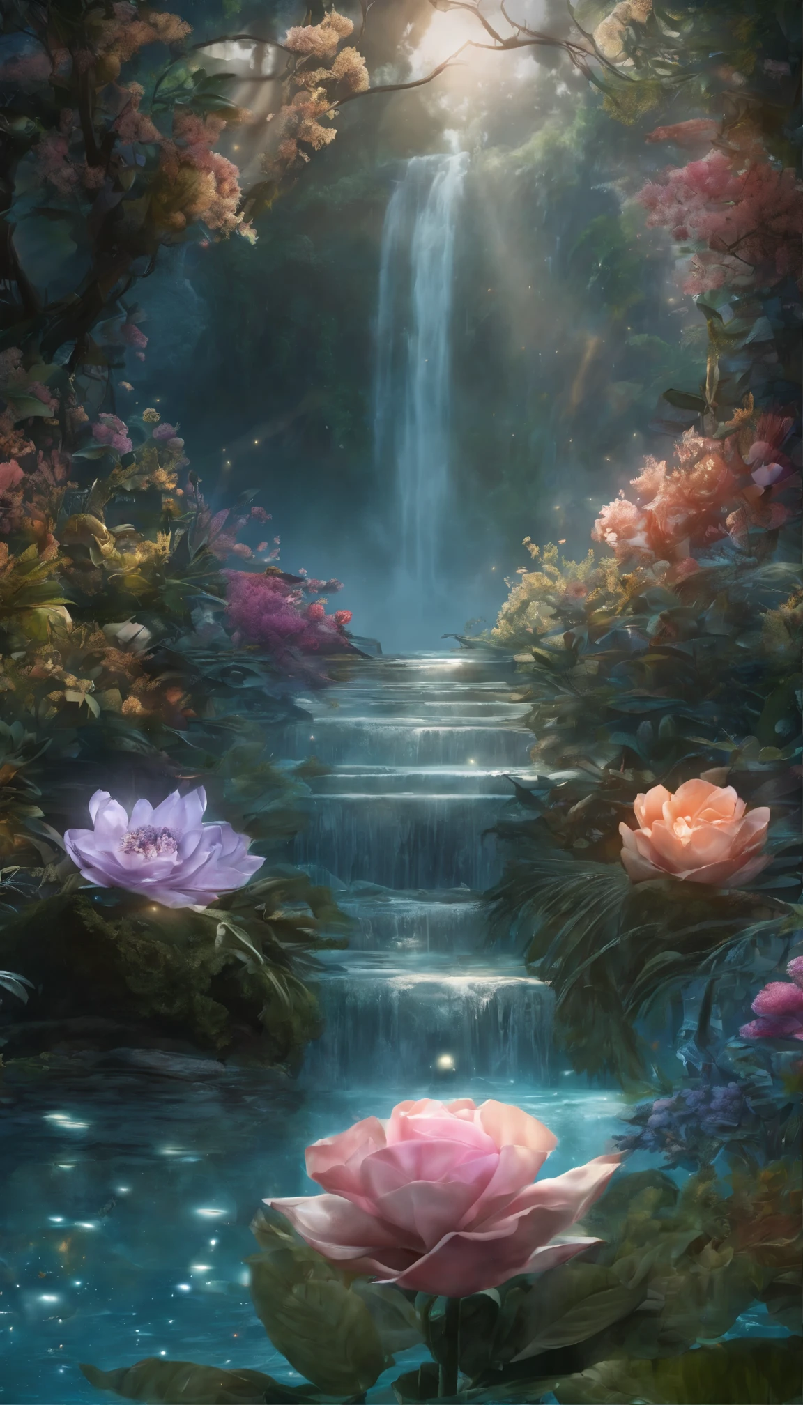 moon,moonlit night,(Masterpiece, Best quality, High quality, A high resolution:1.4), Extremely detailed, ambient soft lighting, 4K, Outdoors, Nature, forest, green trees, Grass, a plant, Flowers, River, Caustics, water flow, Ripples, (waterfallr:1.2), pond, jungles, dense foliage, fern, All expressed with jewels, the arrival of spring,waterfall,fantastic scenery, transparency, angles looking up from below, various jewels falling from the sky, wonderful and beautiful superb view, slightly hazy, fantastic, high resolution, 8K, (best quality, highres, realistic:1.37), shiny metallic flowers, intricate and delicate petals, reflective surfaces, vibrant colors, intricate details, close-up view, surreal garden, surreal beauty, dreamy atmosphere, fine art, abstract botanicals, metallic sculpture, contrasting textures, ethereal glow