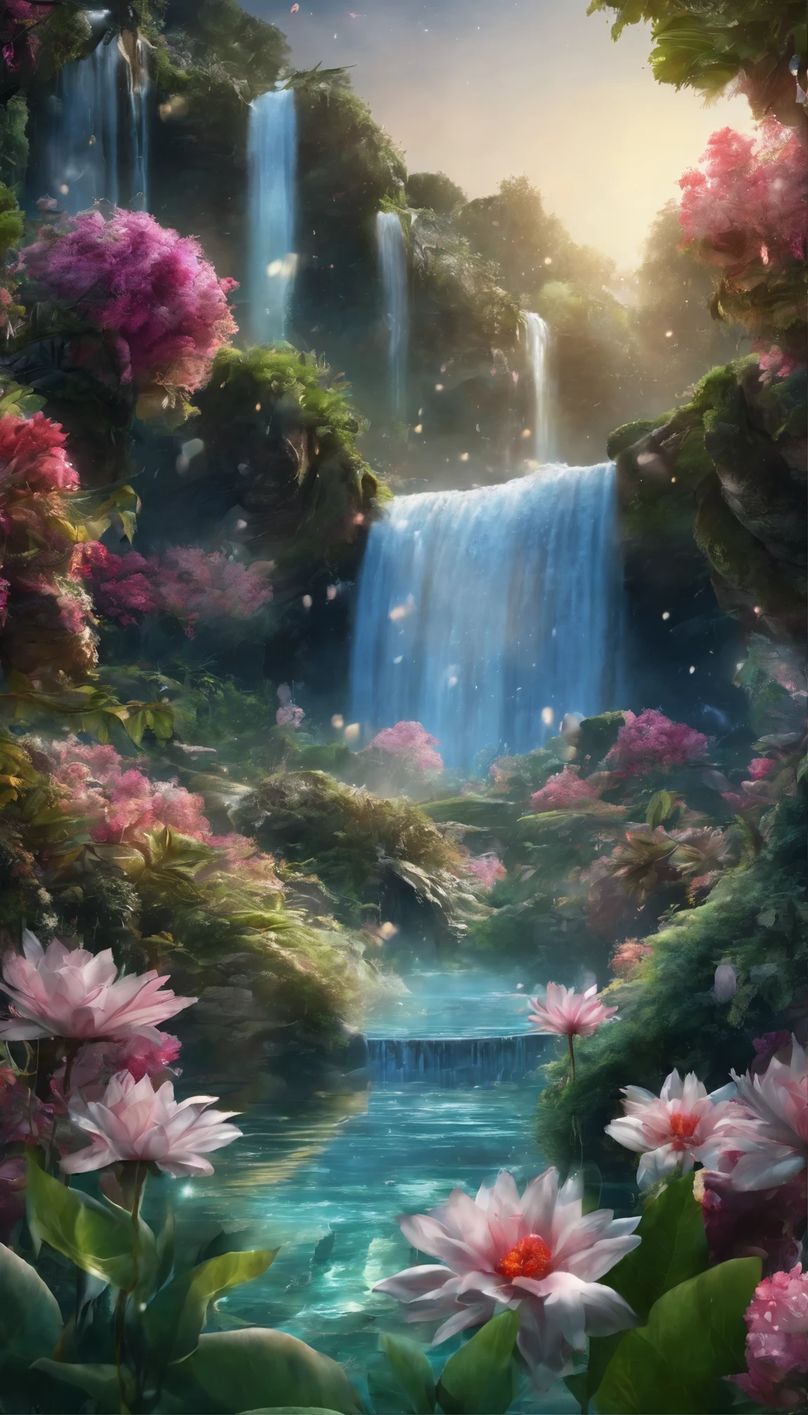 moon,moonlit night,(Masterpiece, Best quality, High quality, A high resolution:1.4), Extremely detailed, ambient soft lighting, 4K, Outdoors, Nature, forest, green trees, Grass, a plant, Flowers, River, Caustics, water flow, Ripples, (waterfallr:1.2), pond, jungles, dense foliage, fern, All expressed with jewels, the arrival of spring,waterfall,fantastic scenery, transparency, angles looking up from below, various jewels falling from the sky, wonderful and beautiful superb view, slightly hazy, fantastic, high resolution, 8K, (best quality, highres, realistic:1.37), shiny metallic flowers, intricate and delicate petals, reflective surfaces, vibrant colors, intricate details, close-up view, surreal garden, surreal beauty, dreamy atmosphere, fine art, abstract botanicals, metallic sculpture, contrasting textures, ethereal glow