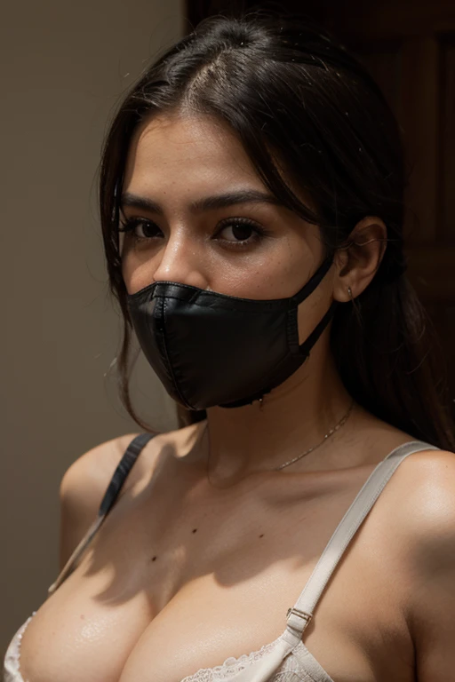 Isabela Merced, (bdsm, muzzled, drool dripping) cleavage, sexy bra, 8k, realistic, hands tied behind back, drool on chest, close up head and chest, pleading eyes, drooling, 