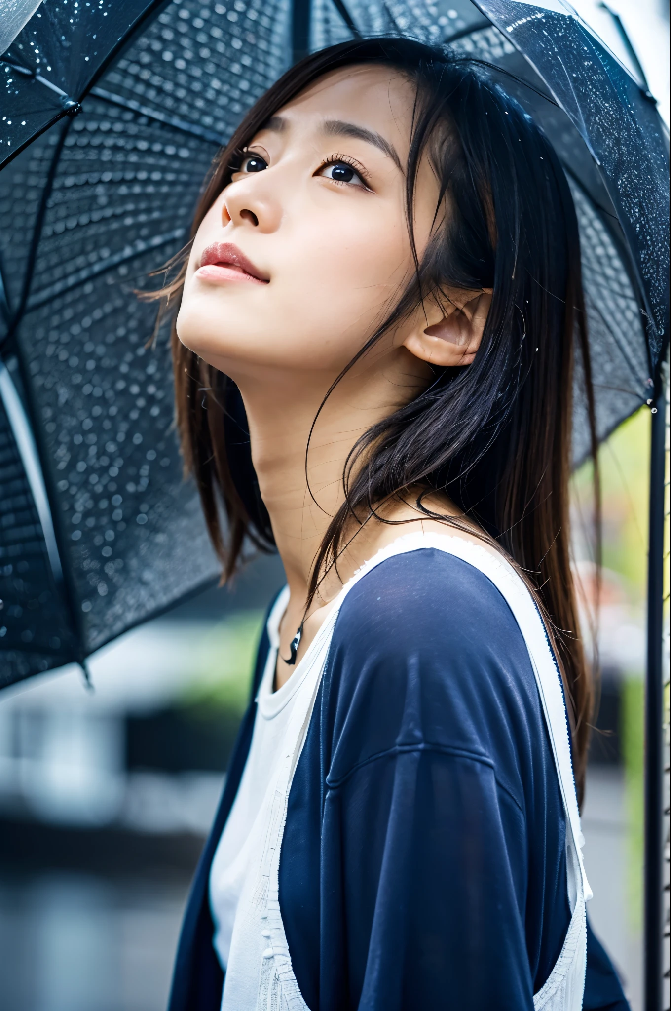 彼女はIn the heavy rainでも傘をささずに立っている、She looks up at the heavy rain sky、She doesn&#39;t have an umbrellaのでwhole bodyが雨で濡れている、Umbrellas are not displayed、She doesn&#39;t have an umbrella、My hair got wet in the heavy rain, face and clothes soaked through.　Rain-soaked through face or dripping water　masterpiece、超High resolution、well done!、She has a very pretty face and is young like an idol.々Has a good figure.18 year old Japanese female、Gentle and cute、A gentle smile wet with rain、 Show off your cleavage.、mini skirt、Breathe rain　soaked through　In the heavy rain、Looking up at the rainy sky on a sidewalk in a big city at noon.　large size bust、whole body、whole bodyが濡れた姿、RAW Photos、Genuine、High resolution、Life、No copyright notice
