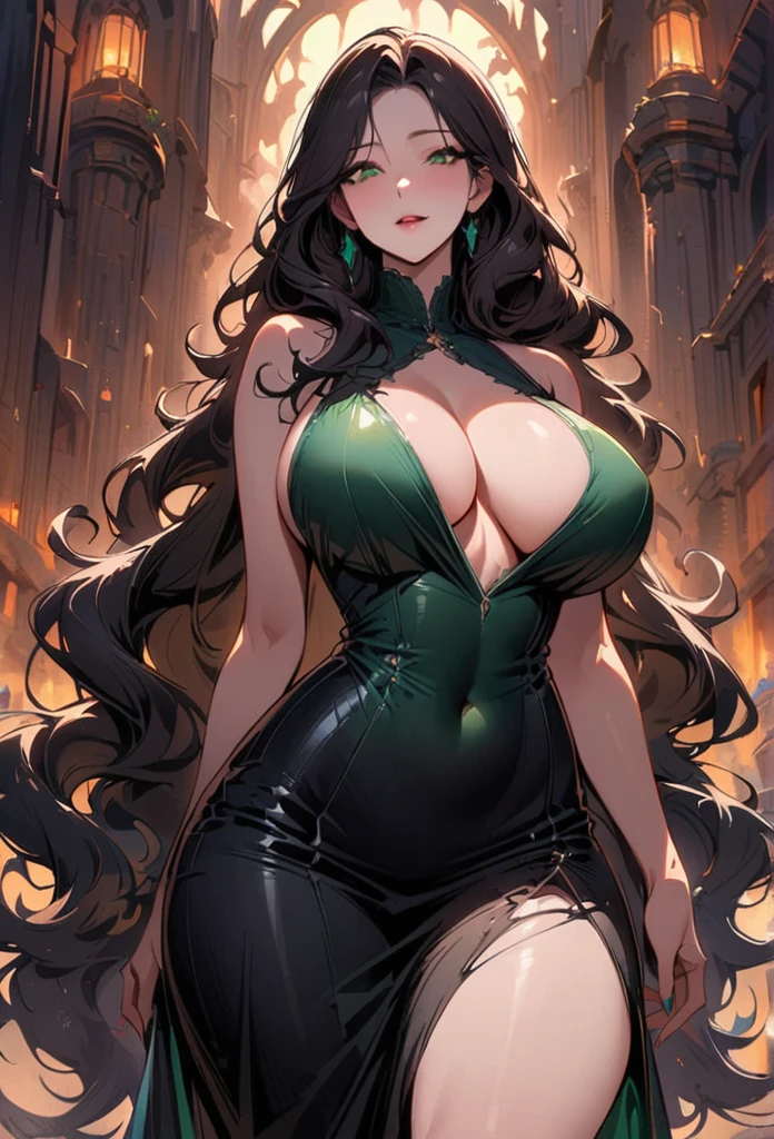 A masterpiece, very detailed, ultra detailed, one, (1 woman), She is in a tight black leather dress with green details and in an elegant pose, super mature, tall, mom, mature mother, super long hair, black-dark hair, curly hair, beautiful, charming, emerald green eyes, elegant, large breasts (huge, torn), cheerful breasts, neutral face, intimidating dark background, atmosphere against the background of a huge castle.