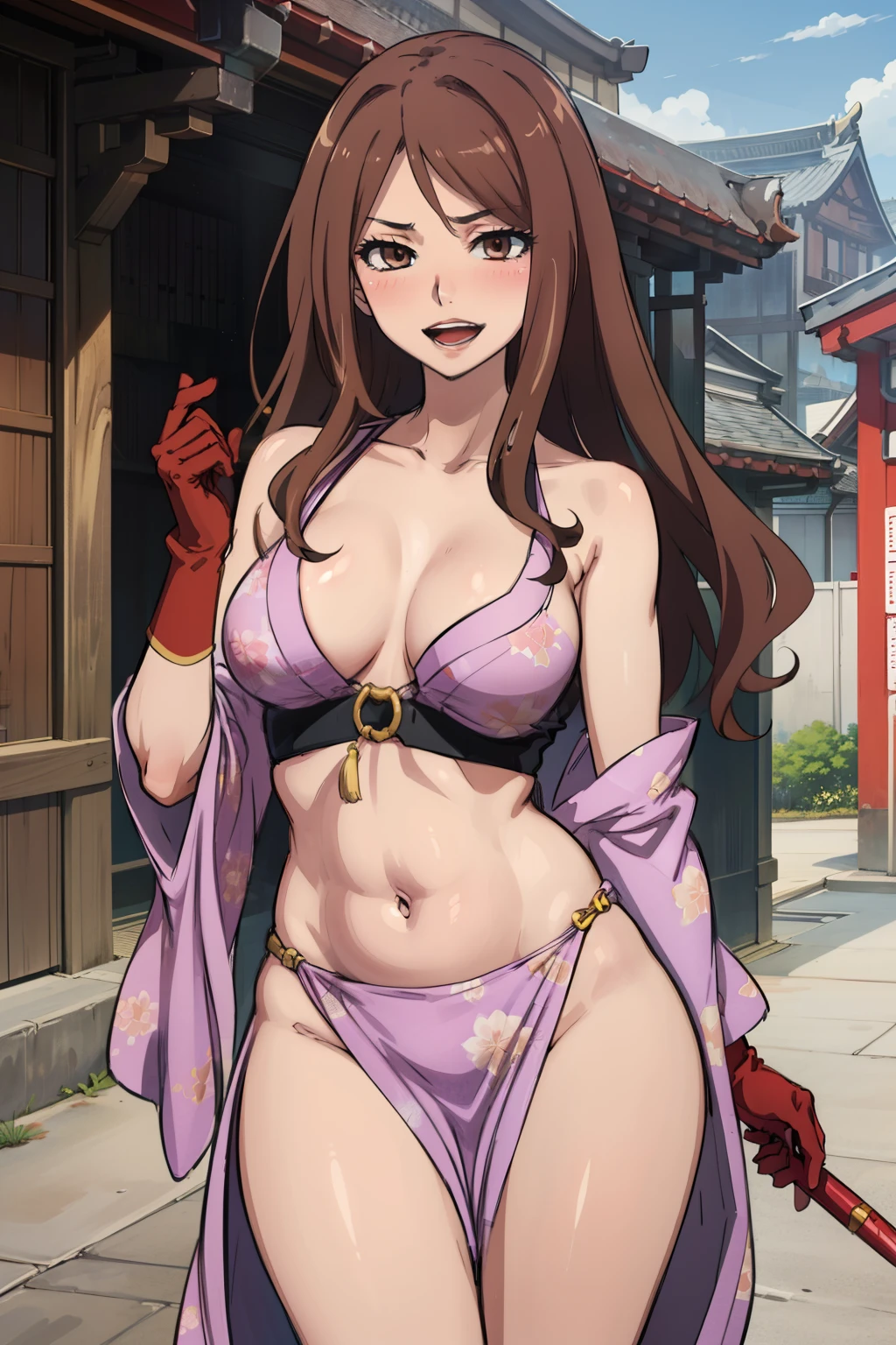 shizuri1, 1girl, solo,  brown hair, long hair, brown eyes, blush, lipstick, mature female, gloves, masterpiece, best quality, highly detailed, a anime girls in kimono dress with a sword posing for a
picture, bare shoulder,open kimono, evil smile, open mouth, crop top , (nsfw) not safe for work, smile,
ecchi anime style, anime girls, ecchi style, ecchi, digital anime art!!, in anime style, official artwork, visual
novel cg, beautiful anime girl, anime style 4 k, kimono pencil skirt, exposed belly, exposed navel,
exposed midriff, exposed lower belly, outdoor, japanese architecture, temple