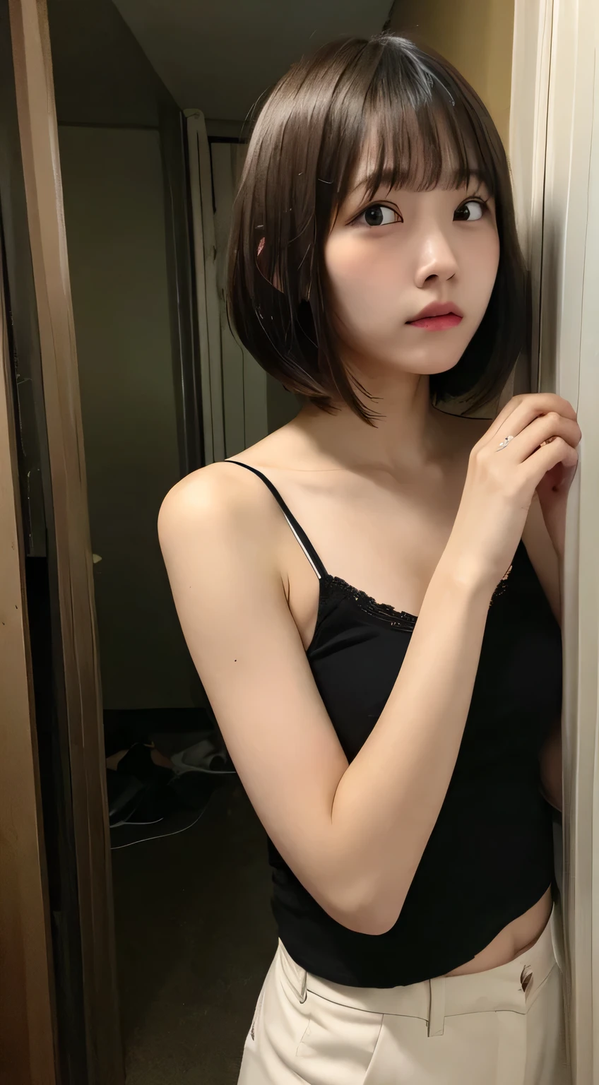 camisole、A cluttered and very dark room、Embarrassed face、Short hair with bangs