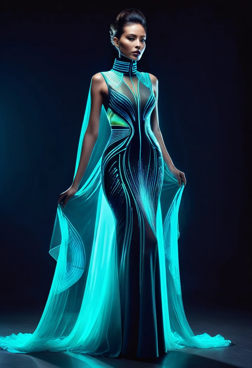 advance hi-tech futuristic bioluminescent haute couture fashion, sophisticated fashion style, complex style, photo model, high collar fashion, long dress, left view, long body torso, high pose, translucent color, epic realism, UHD, ultra detailed, head to toe photo,