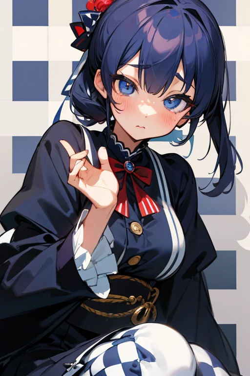 1girl, solo, Laura S. Arseid (long dark blue hair, ponytail and side Bang, small boobs), (inspired by trails of cold steel) in a school dress showing off her panties, in a military school, embarrassed