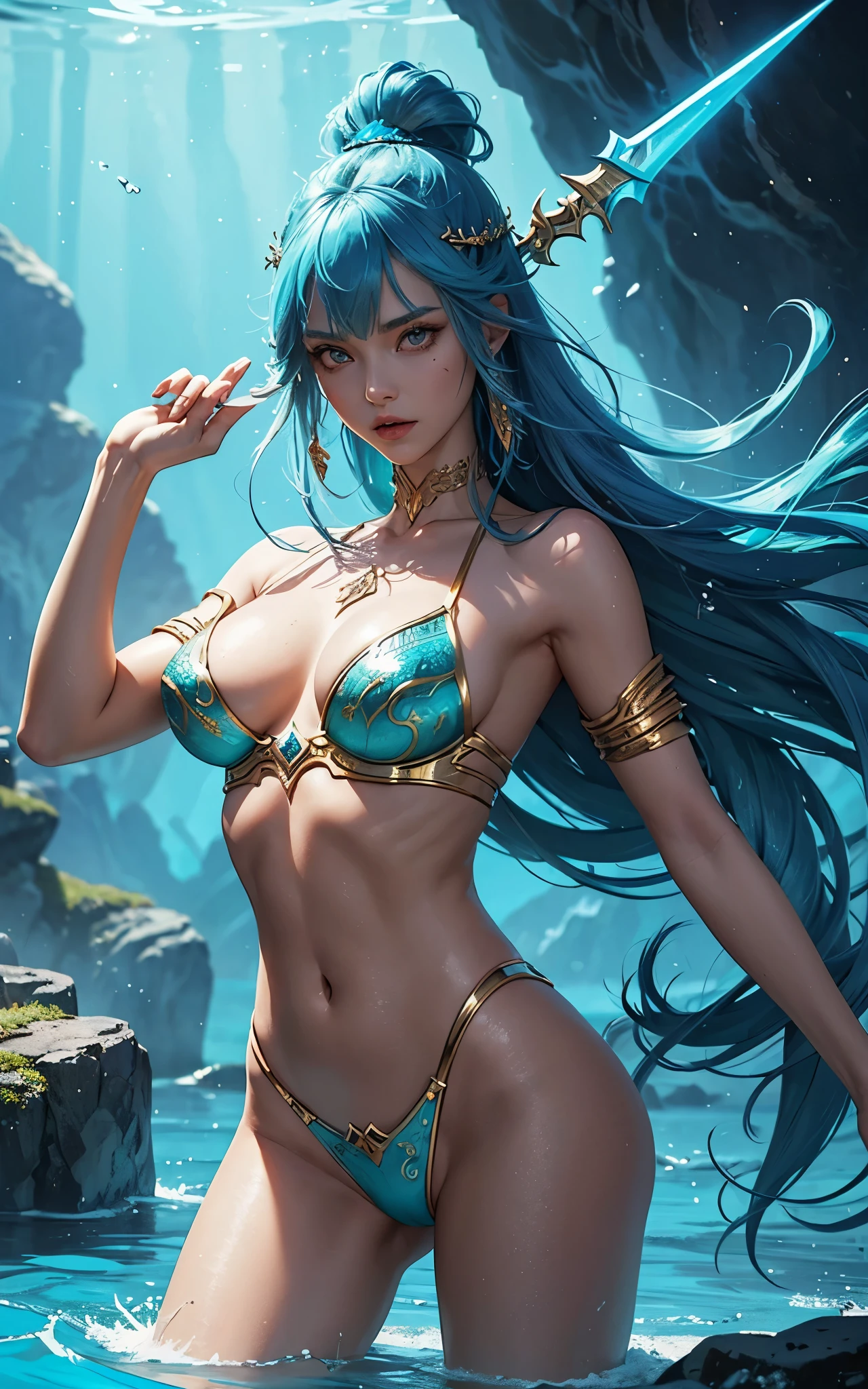 A close up of a supernaturally beautiful and enchanting Atlantean Barbarian War Goddess with a legendary magical spear and angrily shouting in fury. Long blue hair, She is skinny dipping in shallow waves in a dark underground sea cave lit only with oceanic bioluminescence that washes over her perfect, irresistible body. Glowing magical golden minimalistic anime-style female battle armor. Her tan skin shimmers with scales. She is athletic, slender, fit, toned, lean, slim hips. She has deeply tanned skin and flowing, lustrous hair. Her large, vibrant, glowing turquoise Asian eyes lock intensely onto the viewer with a predatory, otherworldly allure. She has intricate aquatic-inspired tattoos across her body. Her face has painted designs. Swirling deep shadows.