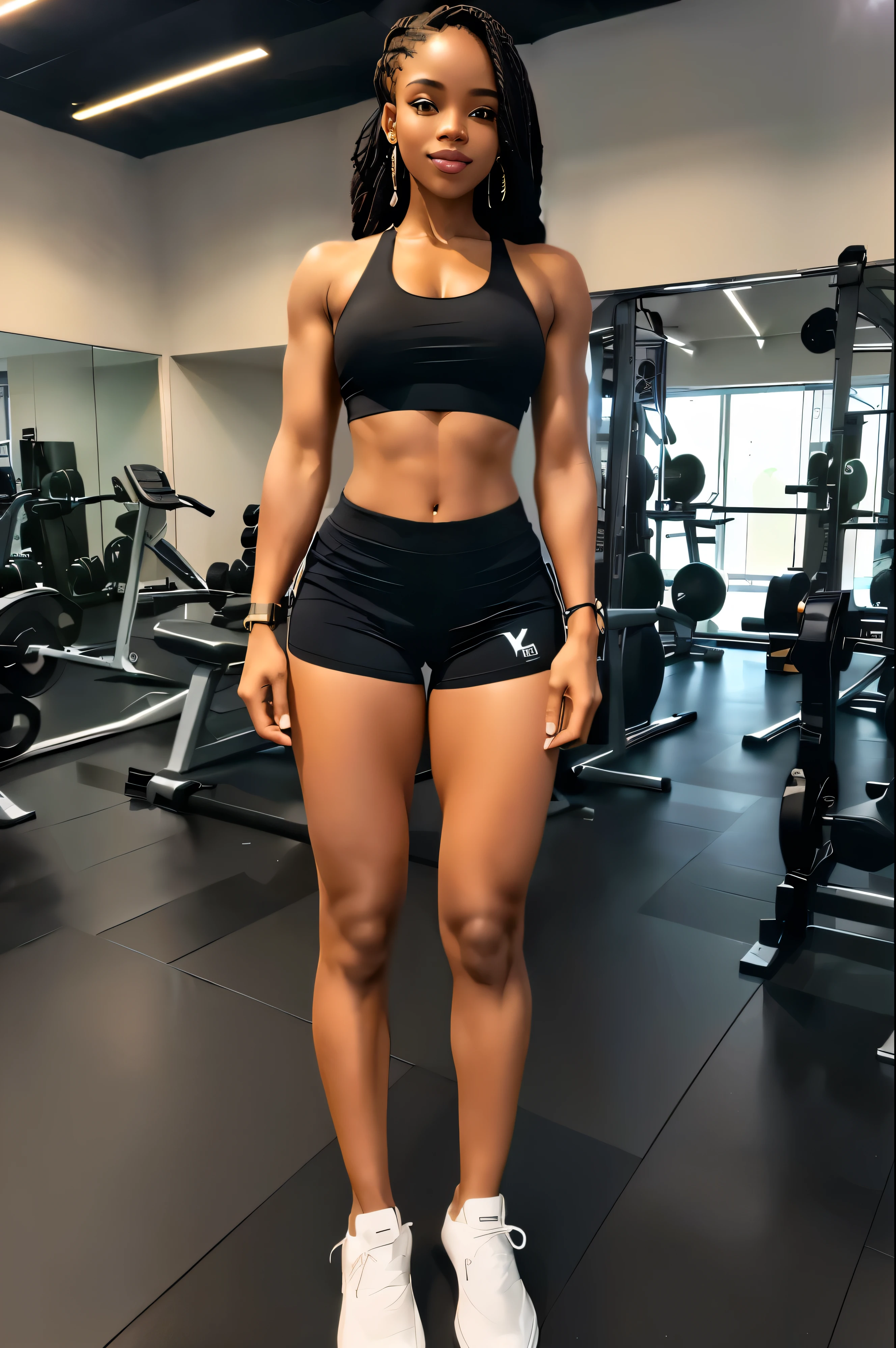  CORRIGIR CABELO, ela sorri sem mostrar os dentes, sorri de boca fechada, long afro braid hair, a woman in a black top and shorts standing in a gym, foto adequada, pernas tonificadas, perfect symmetrical body, Pernas fortes, legs and arms, corpo em forma, corpo tonificado, Modelo de fitness, corpo todo!!!, corpo todo picture, becomes a curvy physique,  apta, symmetrical corpo todo, trabalhando fora, corpo lento, bem tonificado, tiro do meio do corpo