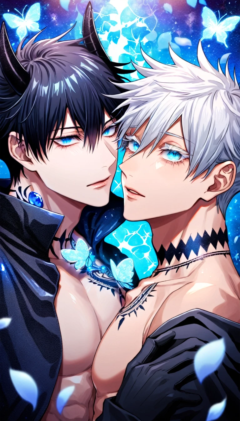 Ultra detailed, HDR, Highres, absurdres, master piece, Gojo Satoru, white hair with bangs, expressive blue eyes, white eyelashes, hair between the eyes, Fushiguro Megumi, black hair, expressive blue eyes, Jujutsu Kaisen, blue glittering butterflies, petals, fantasy, blue flowers, two sexy man together, gay couple, yaoi, extremely detailed face and eyes, handsome, glittering, bare chest, white cape, white demon clothes, tattoo on his neck, blue gemstone background, blue flames, cross, white gloves, radiant, black demon horns, love, black pants,