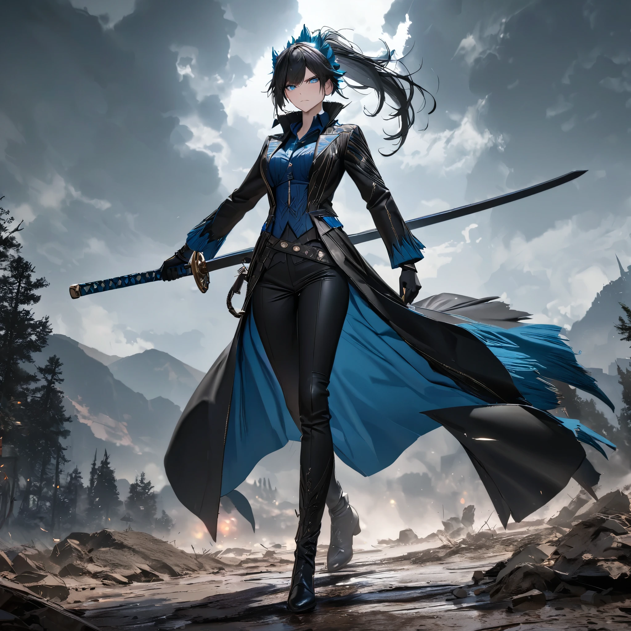 A woman wearing a vergil costume (devil may cry 5), long black coat, teal blue t-shirt inside, black pants, black leather boots, holding a katana without a sheath, full body, serious face, perfect face, perfect eyes, breasts big, long black hair, ponytail hair, teal blue bow in her hair, black gloves, standing, walking on a dirt floor with some trees and a stormy sky, with lightning in the sky.UHD, masterpiece, accurate, anatomically correct, textured skin, super detail, high quality, best quality, 8k, high resolution, bokeh effect. (woman alone)
