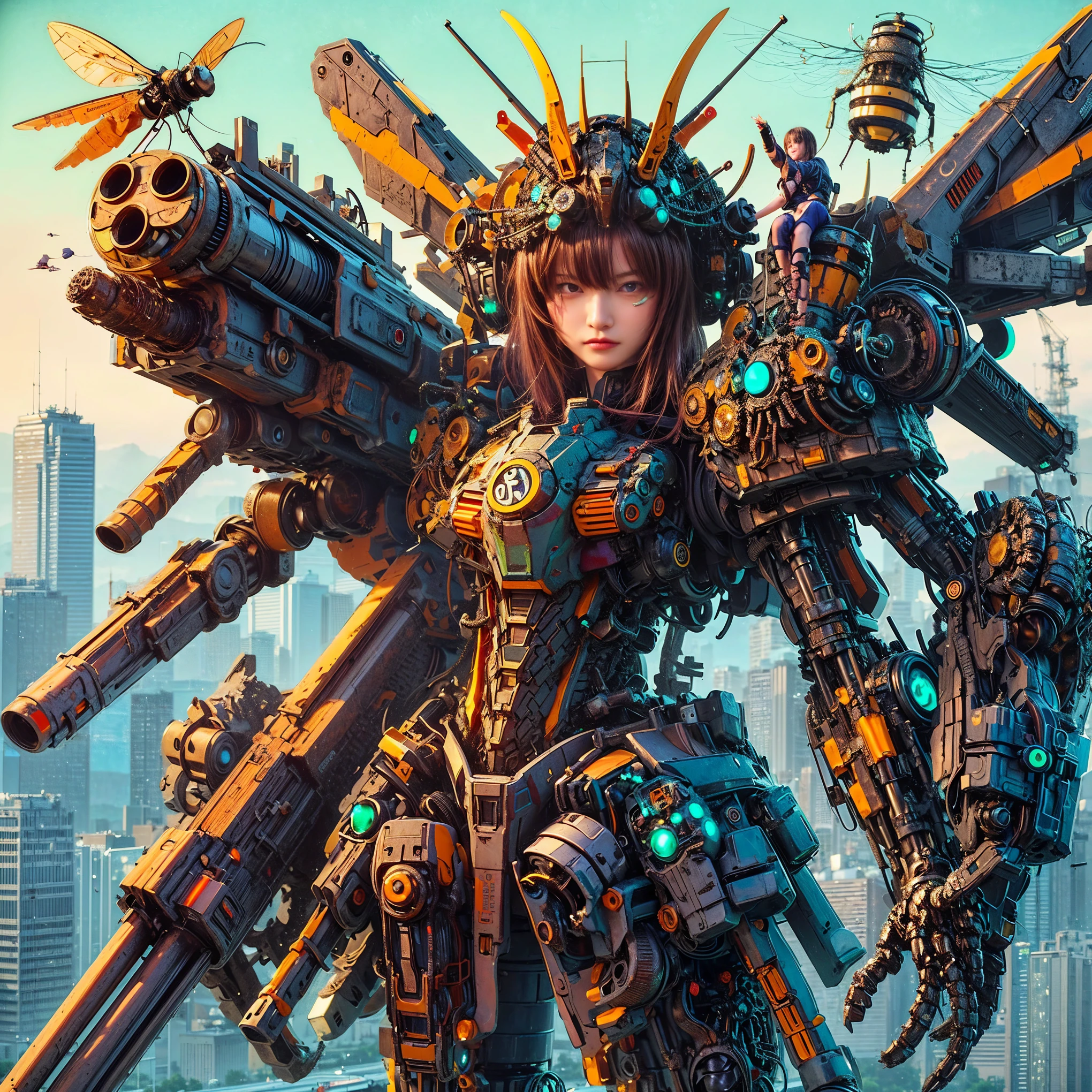 (top-quality:1.2, masterpiece), ultra high resolution, (Photorealsitic:1.4), (biopunk), (scorpion-type powered suit), light yellow base with silver and bronze accent, (mechanical frame:1.3), 1 japanese girl, extremely realistic face, ((ultimately intricate all details)), (whole body picture), realistic shadow, octan render, 8K, ultrasharp, character edge light, Details of complex ornaments, Hydraulic cylinder, power cable, dystopia with a beautiful view at night,