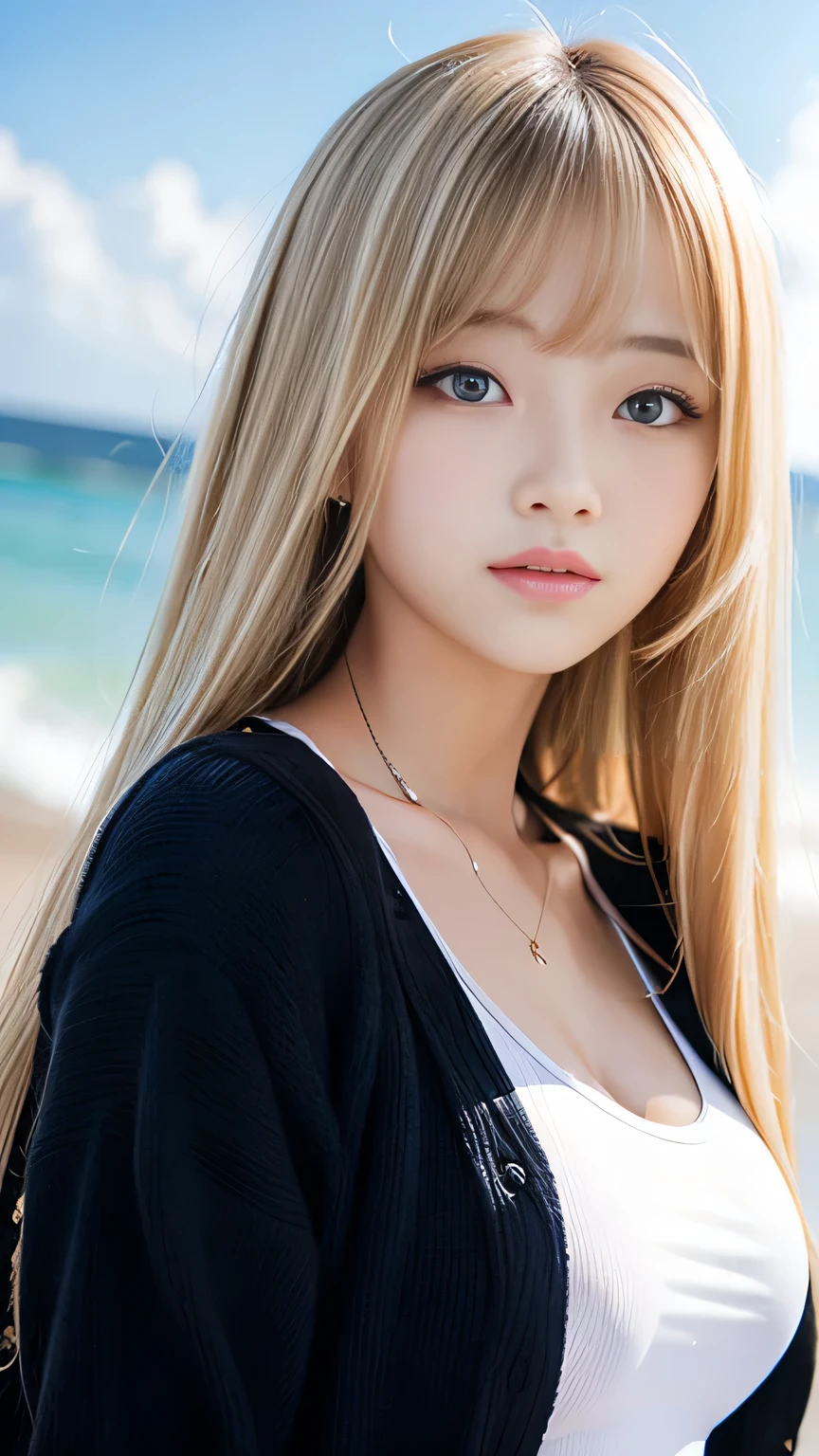 Sexy Big 、A cute -yeld giwith a sexy and cute look, beautiful and sexy face、A strong wind blows my hair in front of my face、With straight blonde hair、beautiful, Cute and sexy eyes hidden behind long bangs、I'm wearing a choker、My bangs completely cover my eyes so I can't tell where they are、I have a tattoo on my arm、Cute ribbon🎀、Cute Race Queen