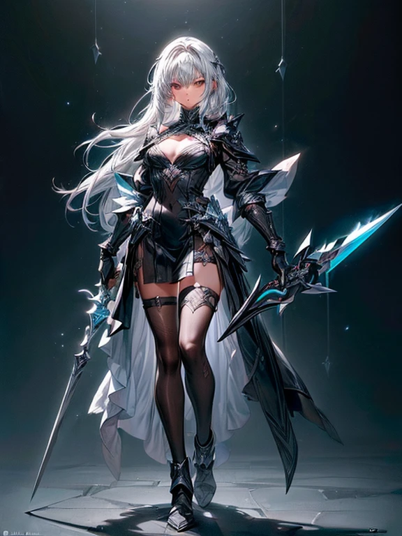 Design a layout showcase Gaming character, (1girl). Black+Silver clothes, stylish and unique, ((showcase weapon:1.4)), celestial spear, (masterpiece:1.2), (best quality), 4k, ultra-detailed, (Step by step design, layout art:1.5), (luminous lighting, atmospheric lighting), angel, ((glove full hands)), (((revealing clothes:1.3))), vambraces, celestial armor legwear, (((full_body_shot:1.4))).