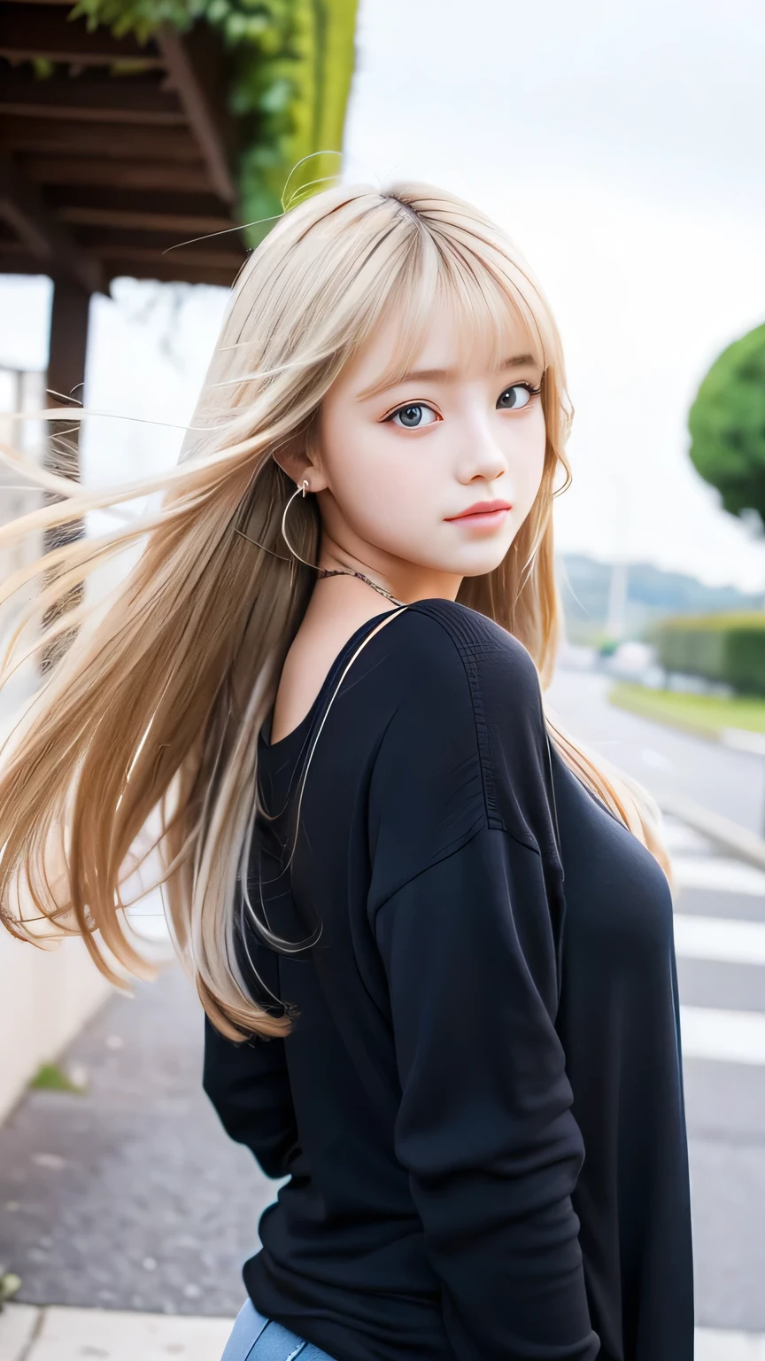 Sexy Big 、A cute -yeld giwith a sexy and cute look, beautiful and sexy face、A strong wind blows my hair in front of my face、With straight blonde hair、beautiful, Cute and sexy eyes hidden behind long bangs、I'm wearing a choker、My bangs completely cover my eyes so I can't tell where they are、I have a tattoo on my arm、Cute ribbon🎀、Cute Race Queen