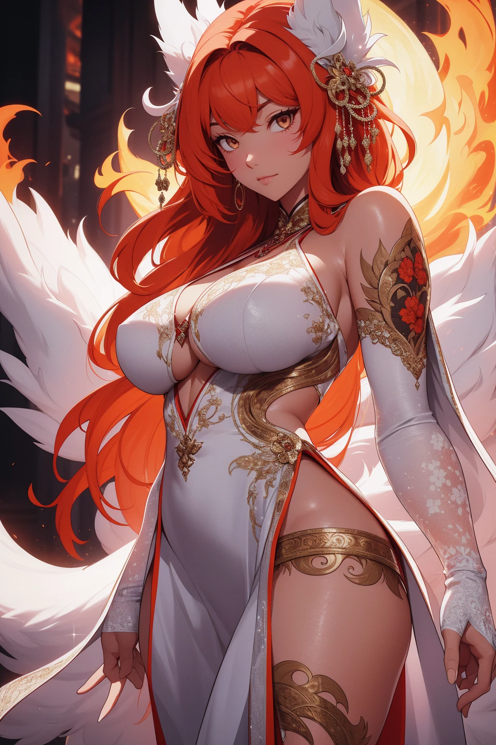 {-erro_de_anatomia:1.0} (best quality,4k,8k,highres,masterpiece:1.2) REALISTIC VISION 1.4, BETTER VAE,sharp focus, ultra detail, 32k,realistic photo, intricate details, kitsune, orange hair, oranfe eyes, intricate details ,woman, nine tails,intricate details,intricate details,big , Voluptuous body, intricate details, Miko, clothes long white dress with red details intricate details, tattoos intricate details, full body, on flame