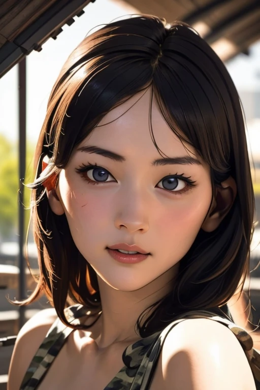 survival game、Camouflage、survival gameのフィールド、A beautiful girl is holding a rifle、head to waste、