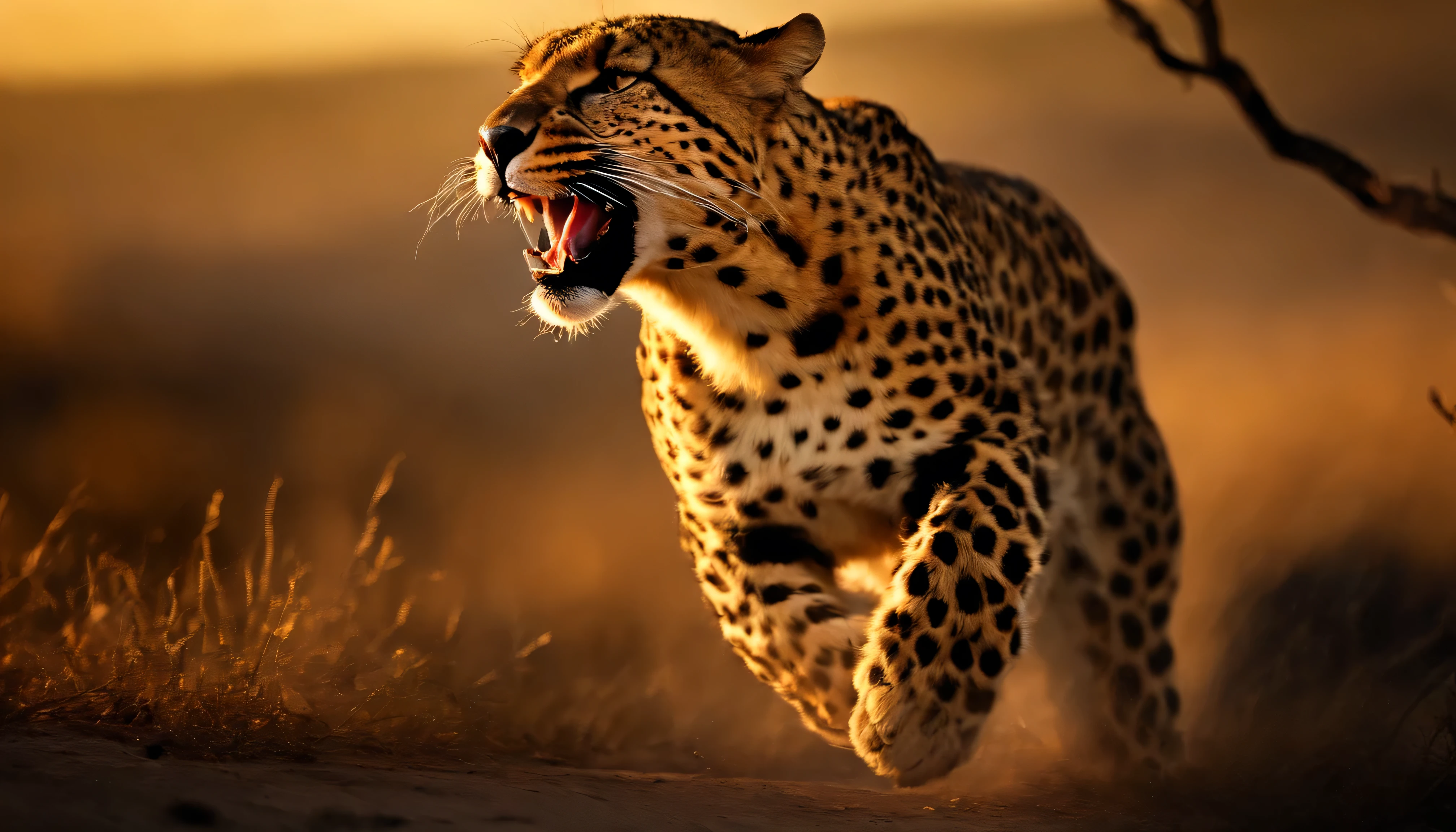 A closed up stunning, angry wrathful leapard shouting looking onward