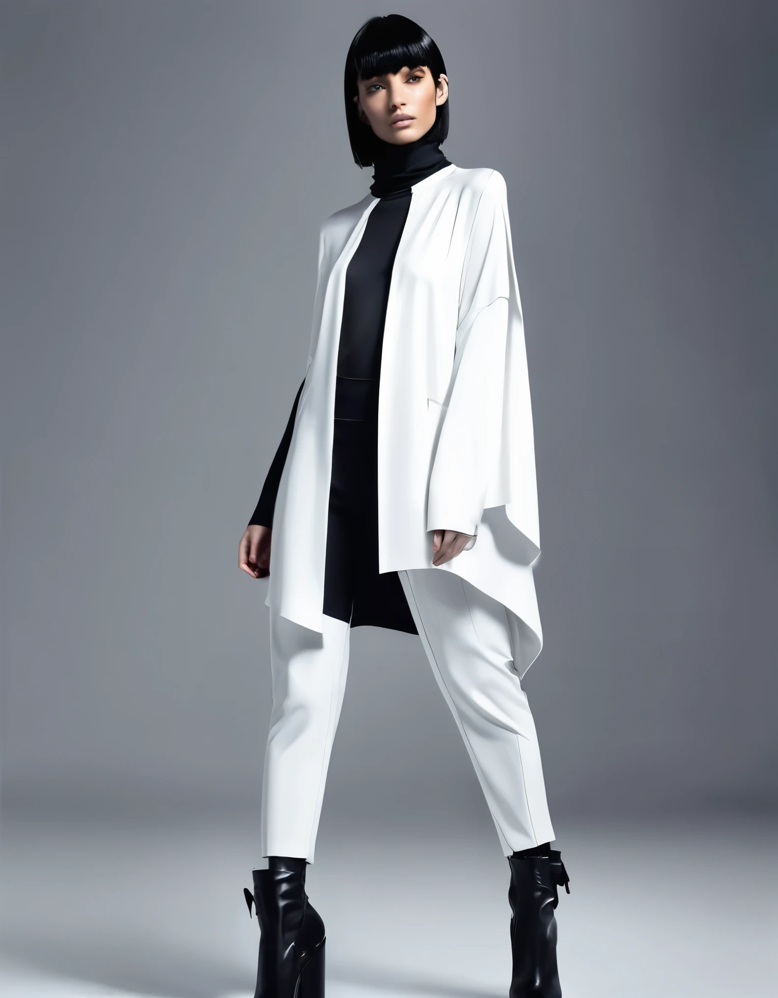 (nsfw:1.2), (masterpiece, Best Quality:1.4), digital art, Generate an image of a modern and avant-garde fashion outfit. The outfit consists of a single piece that combines a loose, straight-line top and drop-crotch pants. The entire outfit is predominantly white.

The top features a simple crew neckline and falls straight down from the shoulders to the ankles, creating a flowing silhouette. The pants have a distinctive drop-crotch design, with the crotch area hanging low and the legs gradually tapering down to a more fitted shape. On the right leg, there is an abstract, hand-drawn-style pattern or sketch that adds a unique artistic touch.

Around the neck, the model is wearing a long, black necklace with a large central ring and multiple thin straps hanging down, creating a strong visual contrast against the white outfit. The footwear is black platform sandals with a simple yet bold design that complements the overall modern and edgy look of the outfit.

The jp model is posed against a plain background, with a relaxed and confident stance, highlighting the unique silhouette and details of the outfit, hyper small head and face, wide Duck mouth, half open mouth, perfectly aligned teeth, perfect beautiful teeth, half open eyes, shiny Droopy eyes, gray hair, looking other, She is situated within the interior of a futuristic colony, with mist drifting and steam rising from concrete
