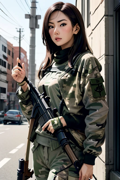 survival game、Camouflage、survival gameのフィールド、A beautiful girl is holding a rifle、head to waste、