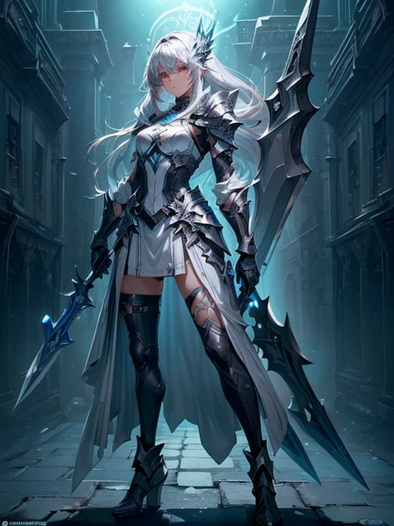 Design a layout showcase Gaming character, (1girl). Black+Silver clothes, stylish and unique, ((showcase weapon:1.4)), celestial spear, (masterpiece:1.2), (best quality), 4k, ultra-detailed, (Step by step design, layout art:1.5), (luminous lighting, atmospheric lighting), angel, ((glove full hands)), (((revealing clothes:1.3))), vambraces, celestial armor legwear, (((full_body_shot:1.4))).