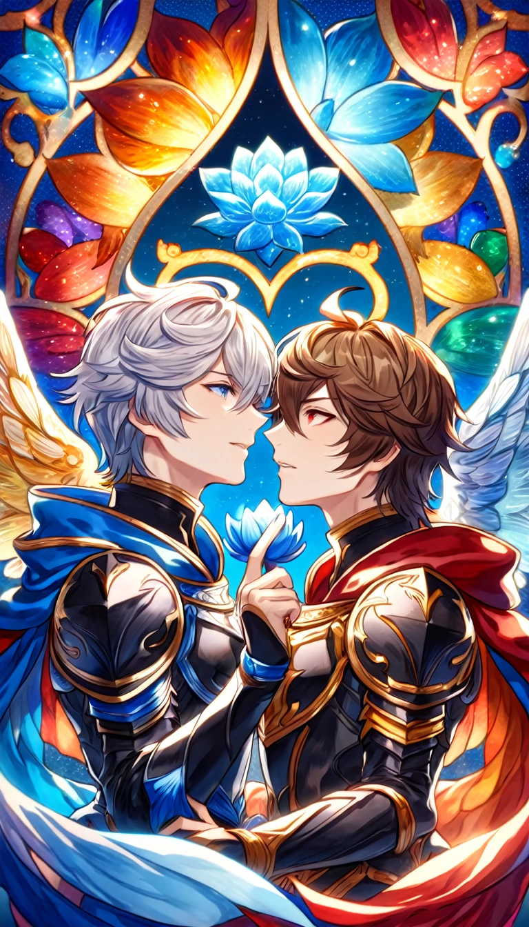 absurdres, highres, ultra detailed, HDR, master piece, best quality, Lucifer, white hair, expressive blue eyes, granblue fantasy, Sandalphon, brown hair, expressive red eyes, two men together, gay couple, yaoi, handsome, black armor, red cape, patterns, magical, fantasy, blue background, blue lotus, shining, blue petals, blue sparkling butterflies