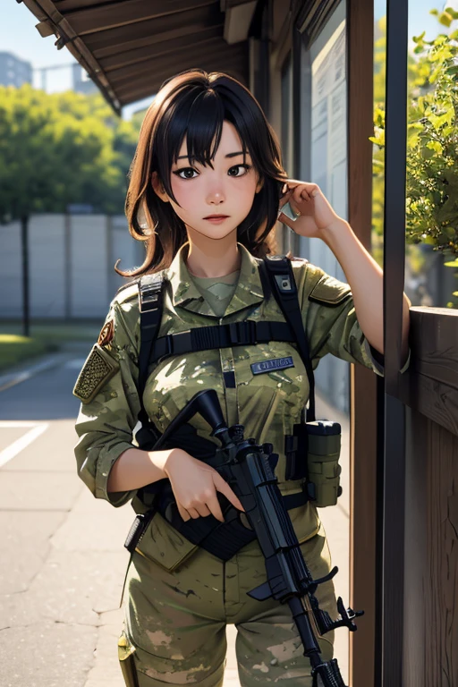 survival game、Camouflage、survival gameのフィールド、A beautiful girl is holding a rifle、head to waste、