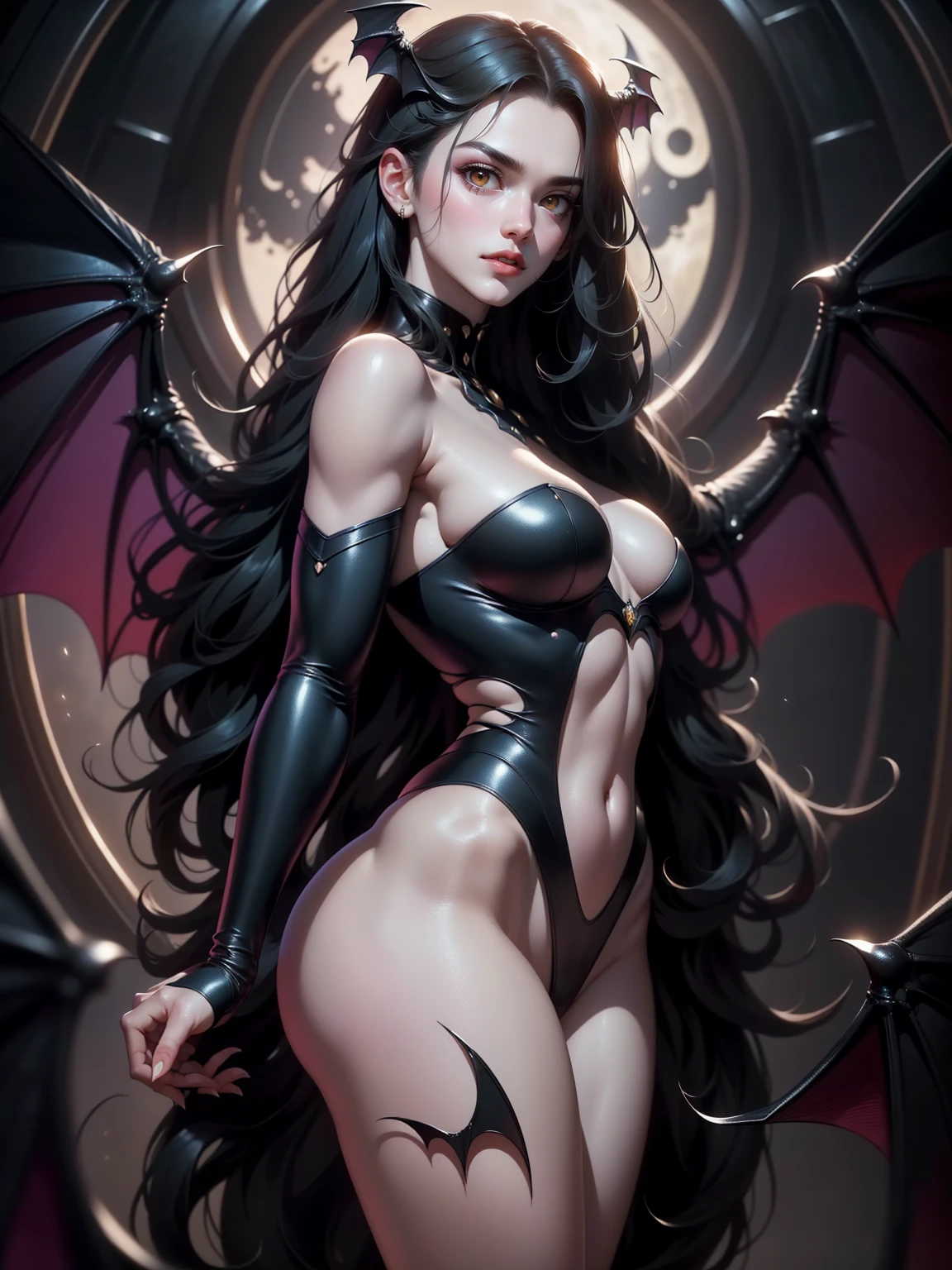 {-erro_de_anatomia:1.0} (best quality,4k,8k,highres,masterpiece:1.2) (masterpiece, top quality, best quality, official art, beautiful and aesthetic: 1.2), (1 woman: 1.3) Succubus girl, long black hair, yellow eyes, succubus wing, attractive, moonlight, dinamic poses, backwards, looking back