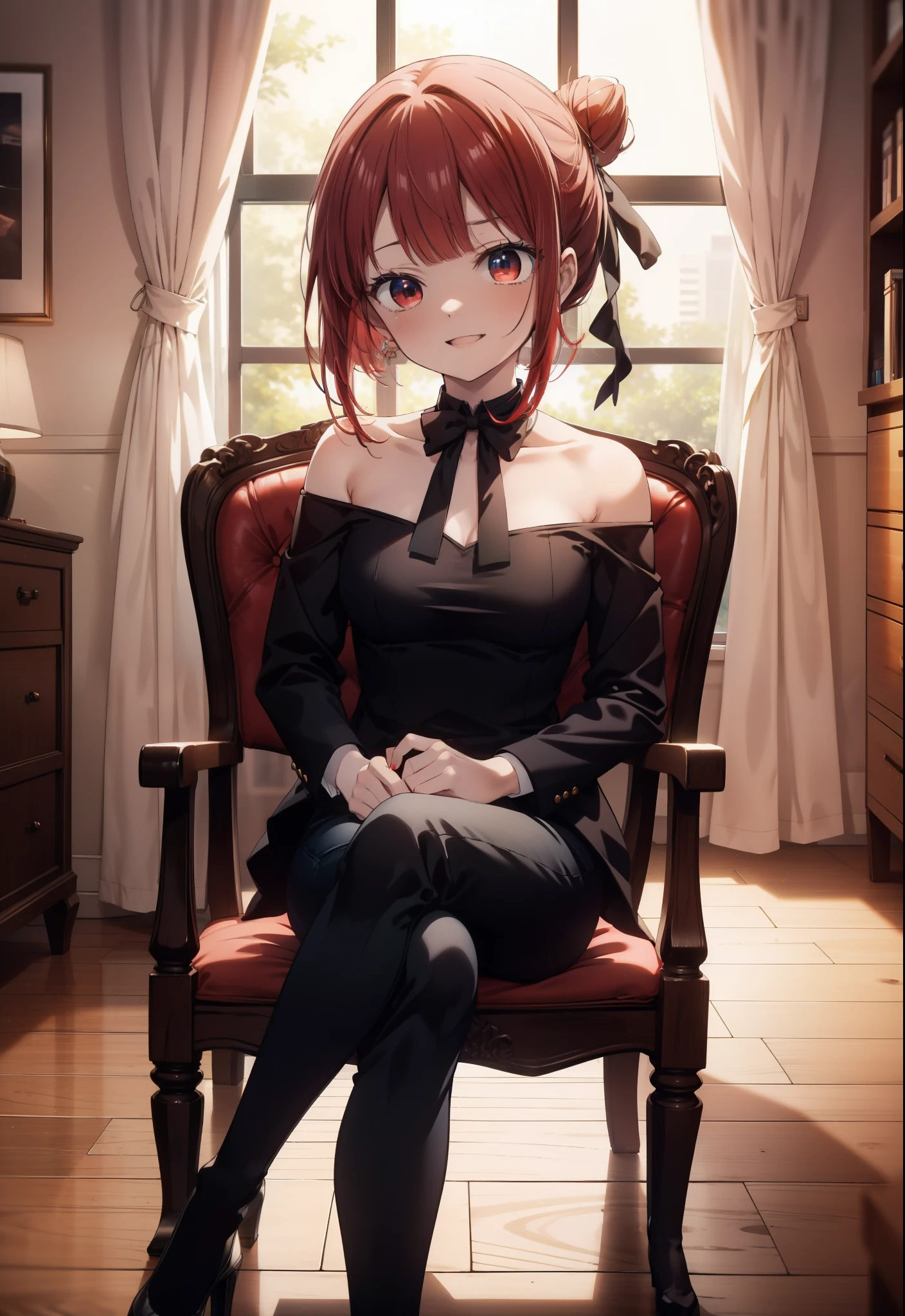 Arima etc.., Arima Kana, (Red eyes:1.5), Long Hair,happy smile, smile, Open your mouth,Hair Bun, single  Hair Bun,Redhead,Off-the-shoulder shirt,Exposing shoulders,skinny pants,Stiletto heels,sitting cross-legged on a chair,There is a lunch box on the table,whole bodyがイラストに入るように,Daytime,Clear skies,
壊す looking at viewer,whole body,
Breaking indoors,office,　　　　　　　　　　　　(masterpiece:1.2), highest quality, High resolution, unity 8k wallpaper, (shape:0.8), (Beautiful and beautiful eyes:1.6), Highly detailed face, Perfect lighting, Extremely detailed CG, (Perfect hands, Perfect Anatomy),