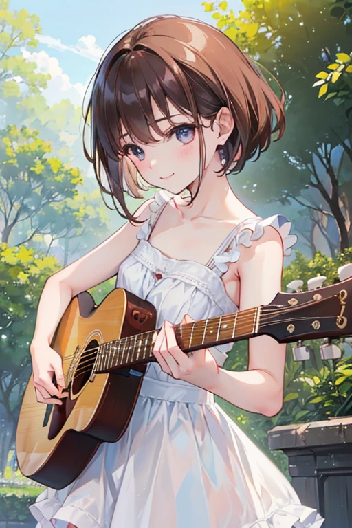 ({Very Aesthetic}, {Very Detailed}, {Very Real}, 1 Cute Girl, from front, brown hair, semiLong Hair, Handsome Face, Delicate Eyes, (play the guitar),Delicate Body, smile, daytime , park,