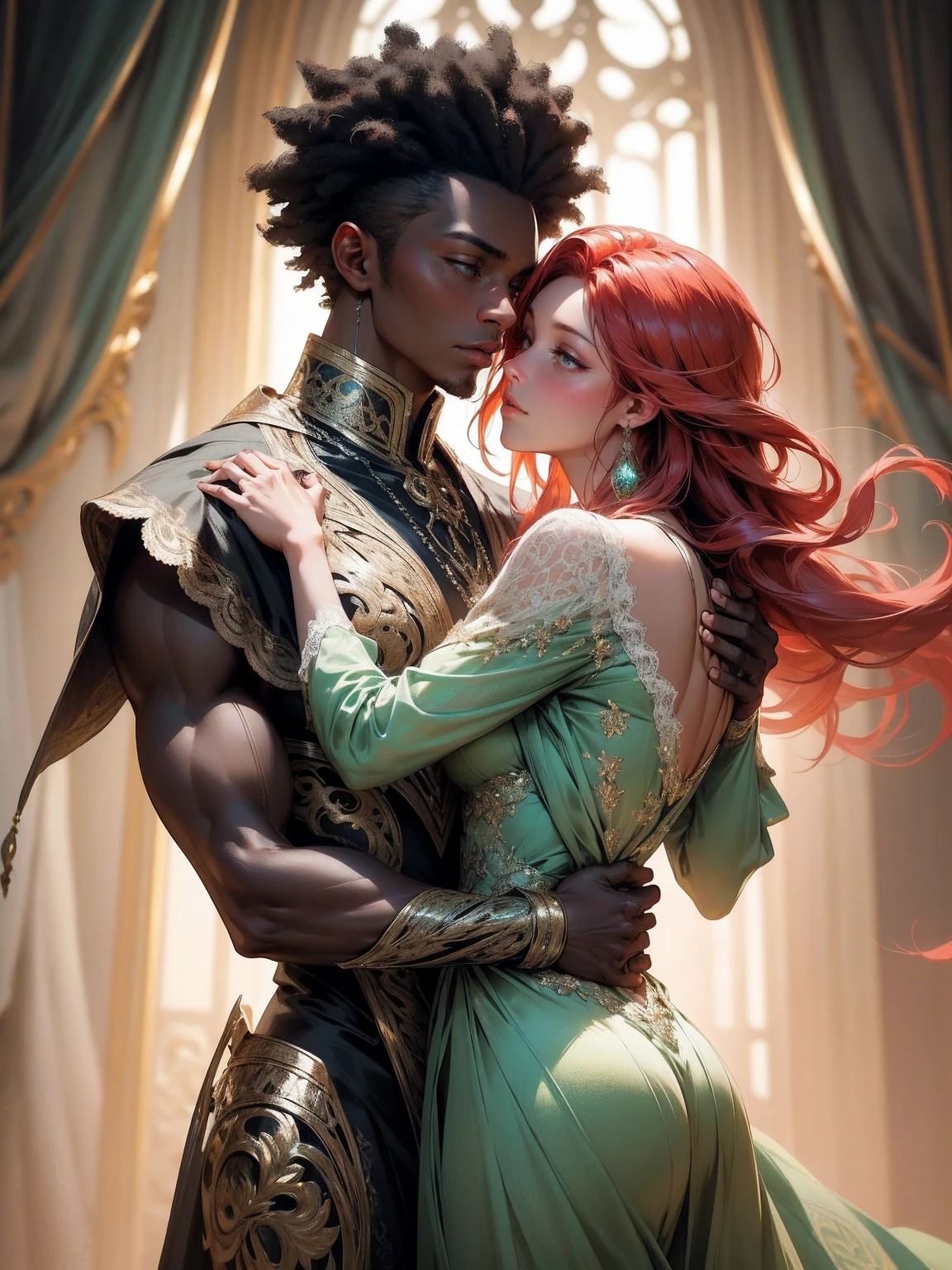 {-erro_de_anatomia:1.0} (best quality,4k,8k,highres,masterpiece:1.2), ultra-detailed, (realistic,photorealistic,photo-realistic:1.37), mature milf, illyasviel von einzbern, red hair, upper body, vibrant colors, glowing skin, mesmerizing eyes, brown eyes, elegant pose, enchanting background, delicate lace dress, green dress, surreal lighting, ethereal atmosphere, mystical aura, intricate details, artistic medium, digital illustration, fantasy, anime, walking on nature, dancing with a beautiful black man (black skin) 