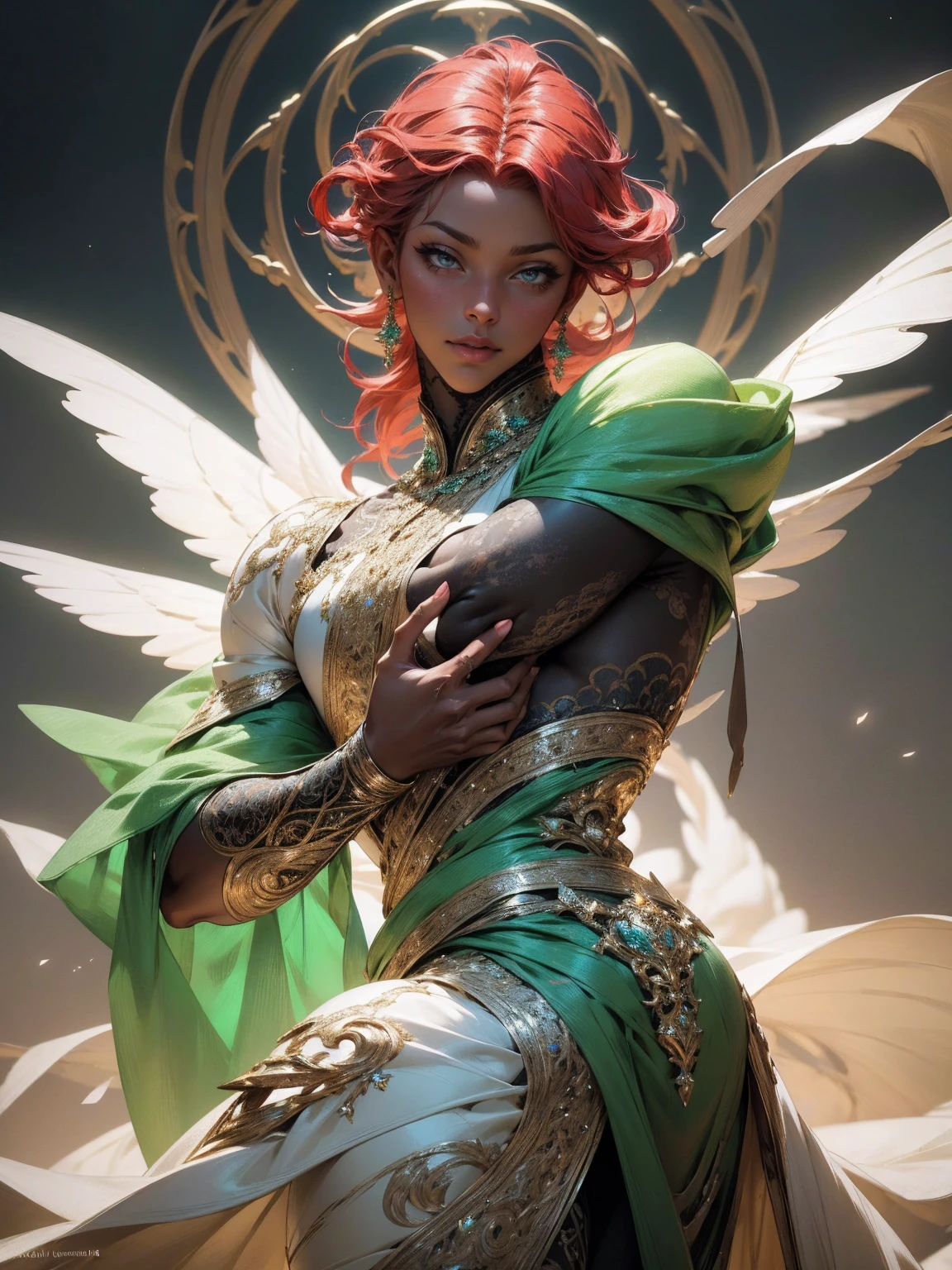 {-erro_de_anatomia:1.0} (best quality,4k,8k,highres,masterpiece:1.2), ultra-detailed, (realistic,photorealistic,photo-realistic:1.37), mature milf, illyasviel von einzbern, red hair, upper body, vibrant colors, glowing skin, mesmerizing eyes, brown eyes, elegant pose, enchanting background, delicate lace dress, green dress, surreal lighting, ethereal atmosphere, mystical aura, intricate details, artistic medium, digital illustration, fantasy, anime, walking on nature, dancing with a beautiful black man (black skin)