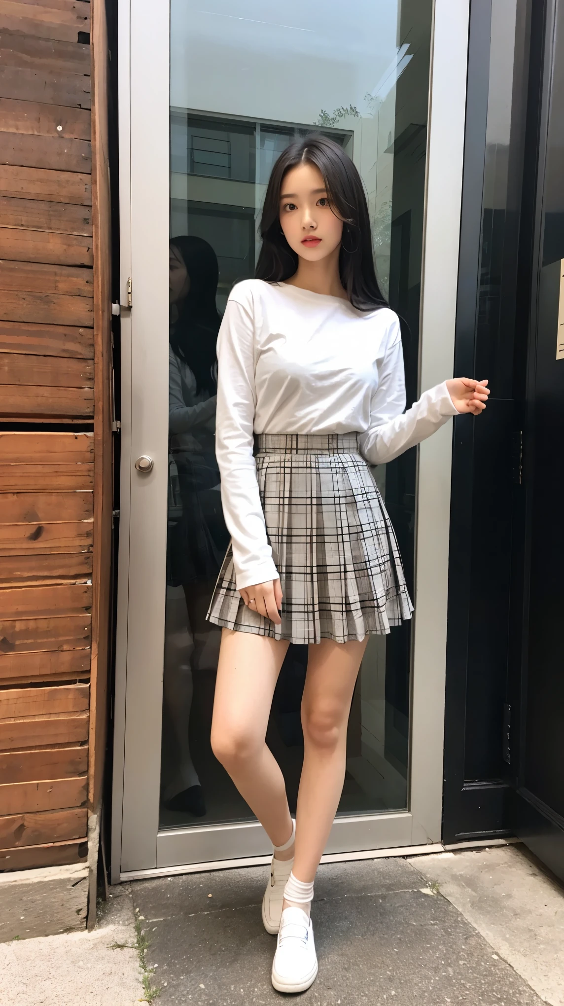 18 year old beautiful girl、Beautiful Face、Long black hair、Medium sized breasts、tall、whole body、Thighs、White long sleeve shirt、A very small, high-rise pleated skirt with a check pattern、Black Loafers