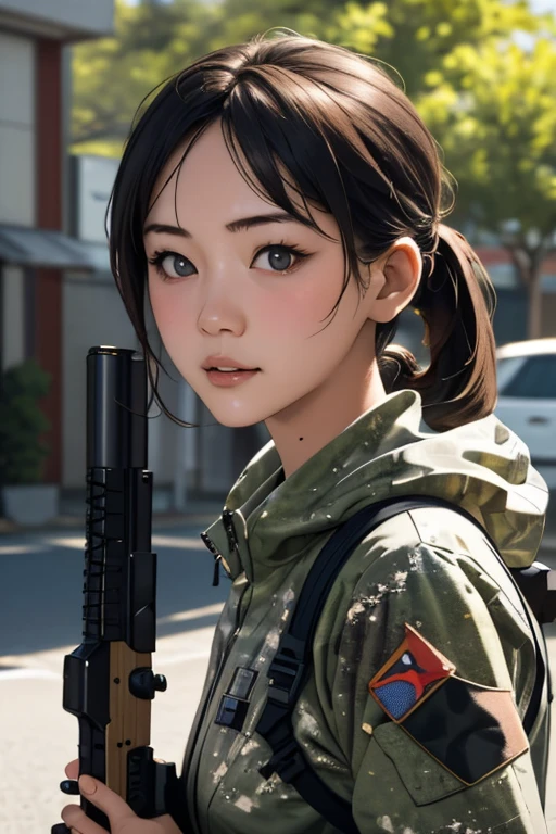 survival game、Camouflage、survival gameのフィールド、A beautiful girl is holding a rifle、head to waste、