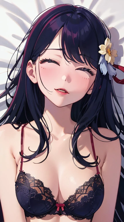 (Top quality masterpiece:1.2) Delicate illustrations, Very detailed, /Beautiful Japanese Women、1 person,Very cute and slim、Great style 、((8k images、super high quality))、Very delicate face, beautifule forehead、Shout、Bright red lipstick,very cute、Kind eyes,((((lingerie))))、Sleeping in bed、pleasure、joy、Laughter